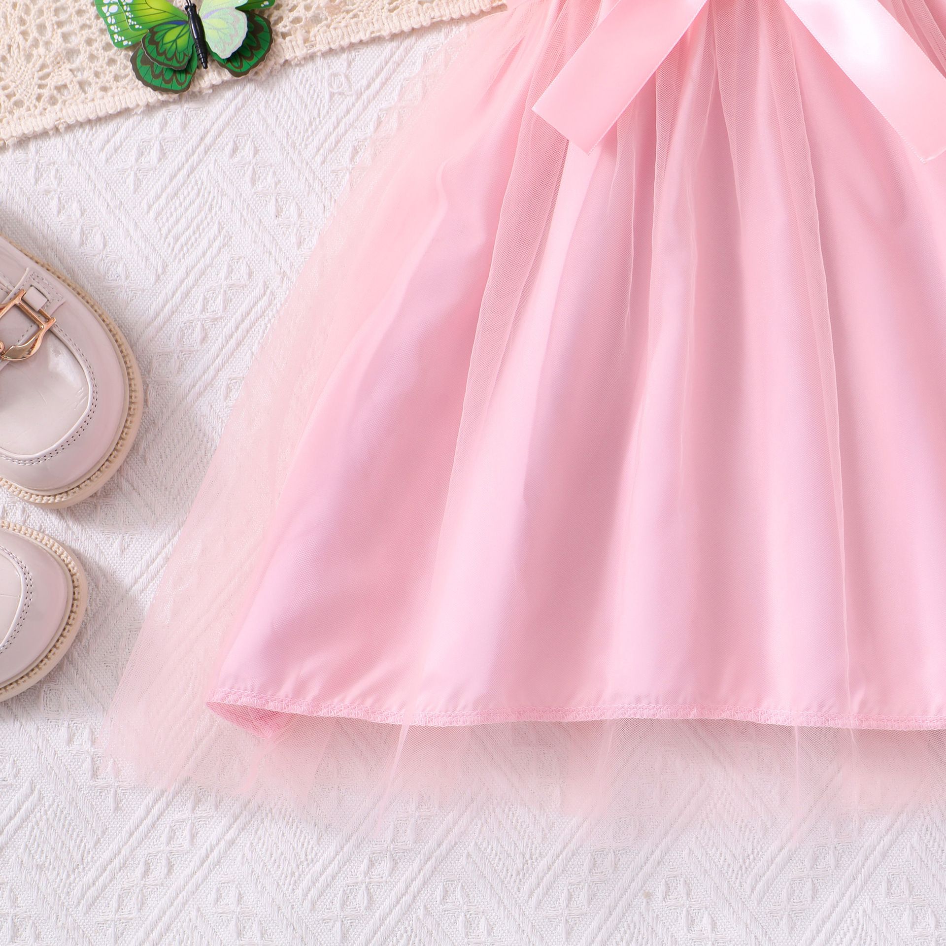 Girls' Dress Set Floral Tulle Princess Dress Bow Lapel Ruffle With Belt Tulle Dress Fashion New Style Stylish Design Birthday Holiday Gift