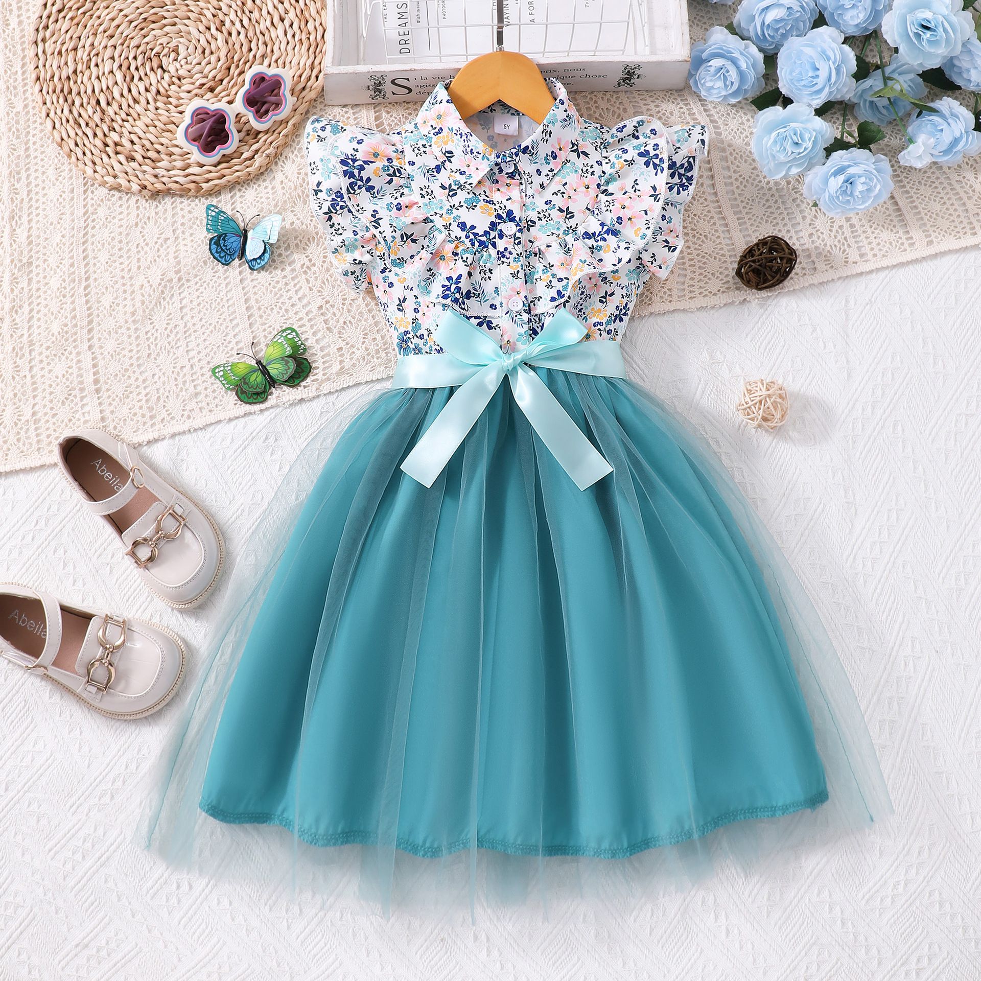 Girls' Dress Set Floral Tulle Princess Dress Bow Lapel Ruffle With Belt Tulle Dress Fashion New Style Stylish Design Birthday Holiday Gift