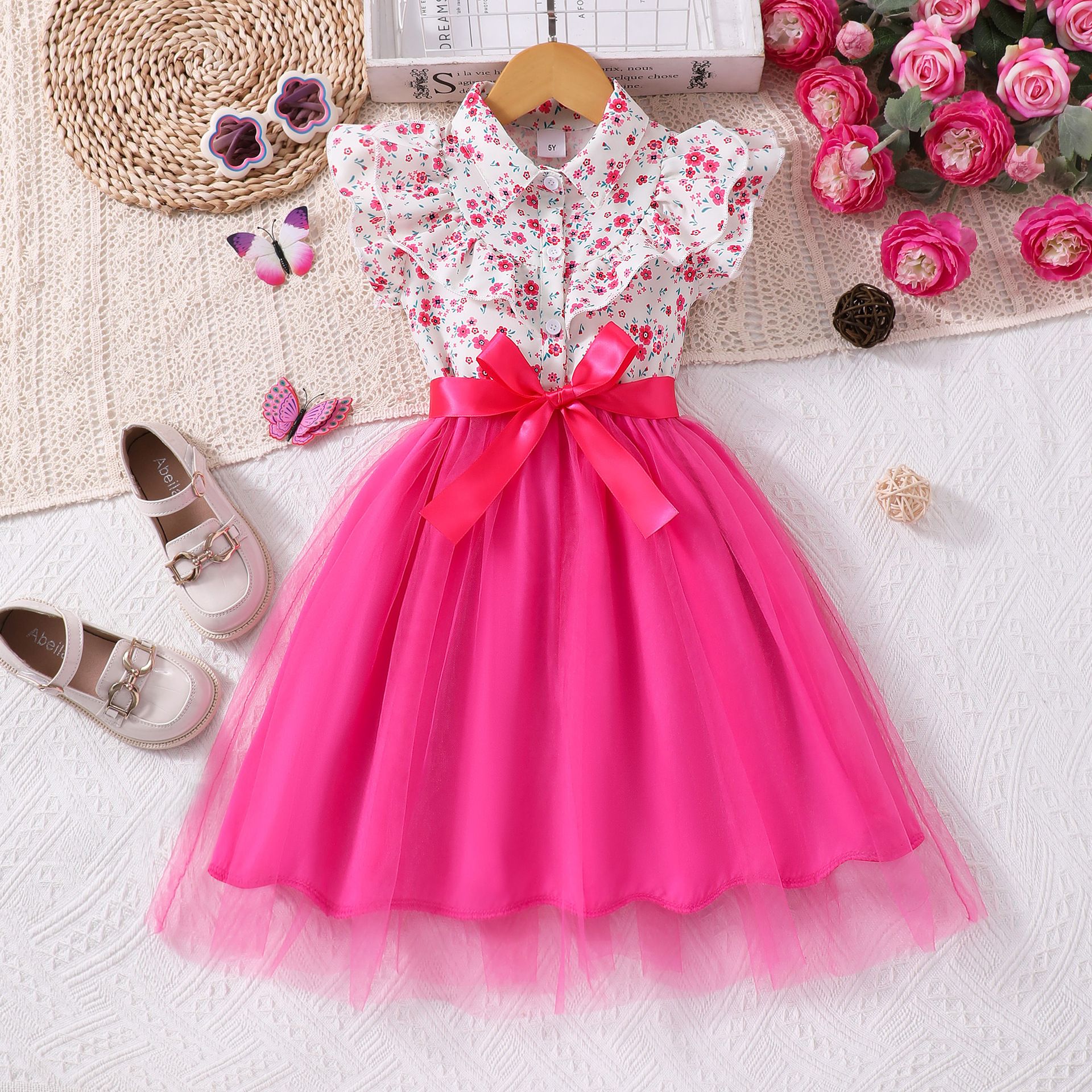 Girls' Dress Set Floral Tulle Princess Dress Bow Lapel Ruffle With Belt Tulle Dress Fashion New Style Stylish Design Birthday Holiday Gift