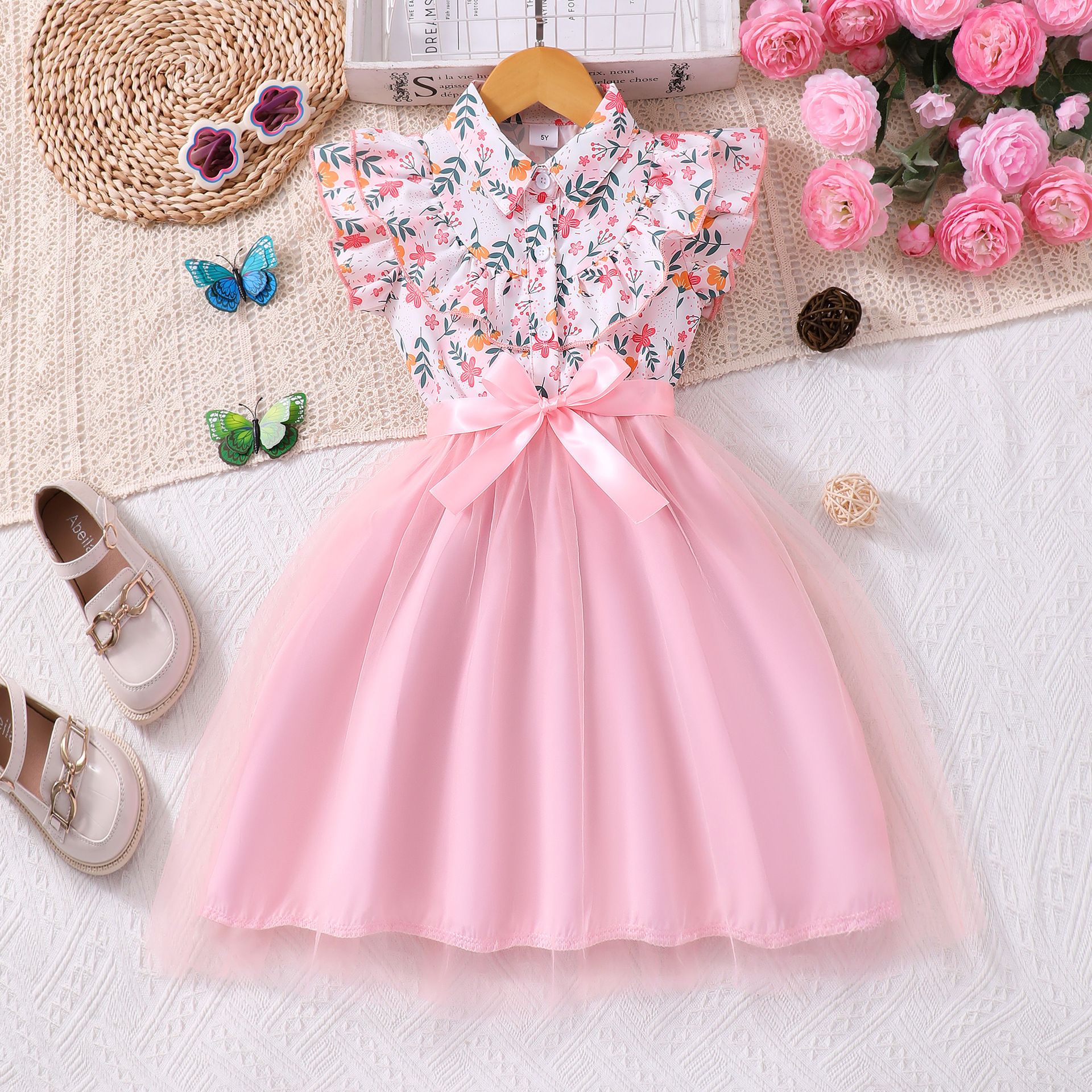 Girls' Dress Set Floral Tulle Princess Dress Bow Lapel Ruffle With Belt Tulle Dress Fashion New Style Stylish Design Birthday Holiday Gift