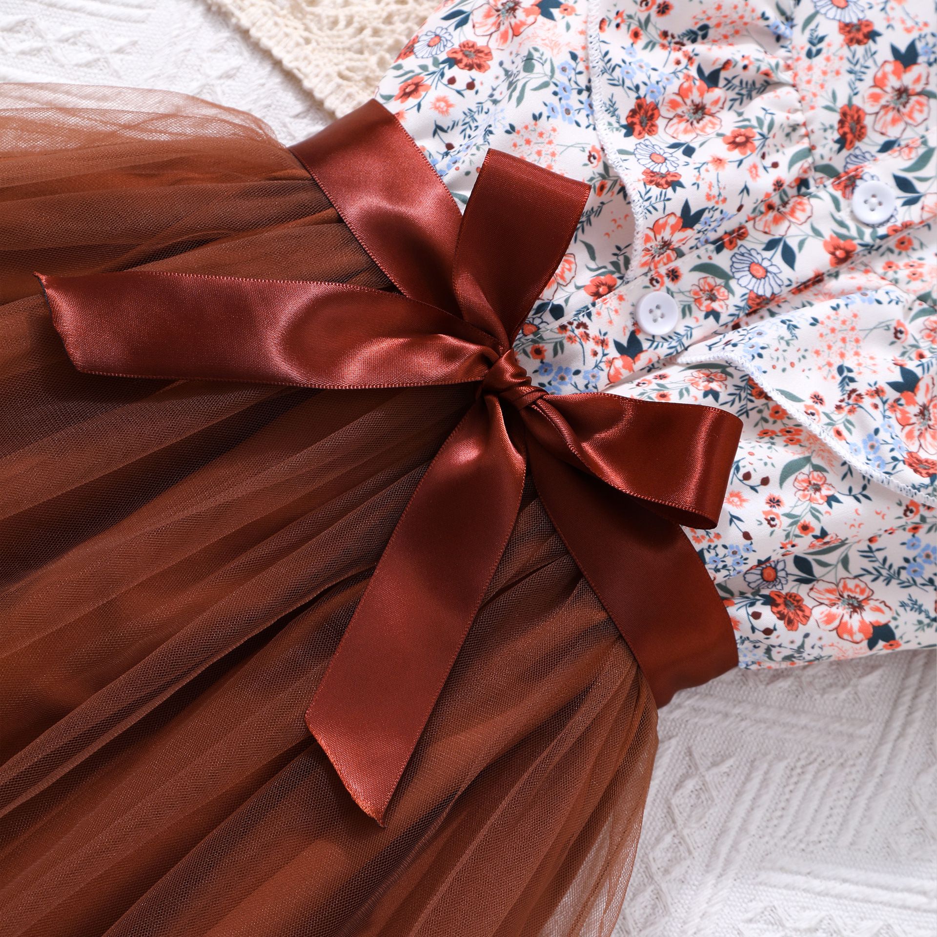 Girls' Dress Set Floral Tulle Princess Dress Bow Lapel Ruffle With Belt Tulle Dress Fashion New Style Stylish Design Birthday Holiday Gift