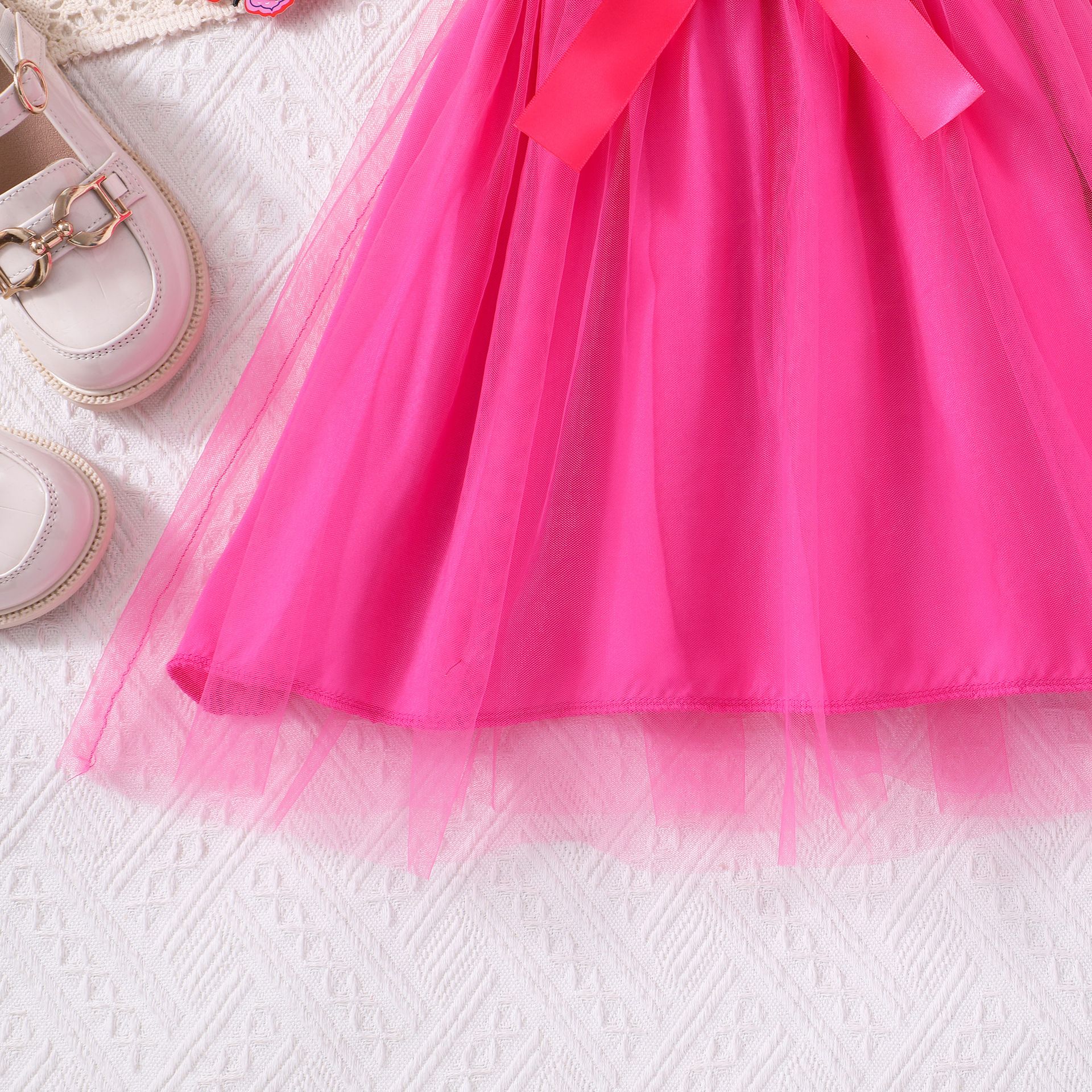 Girls' Dress Set Floral Tulle Princess Dress Bow Lapel Ruffle With Belt Tulle Dress Fashion New Style Stylish Design Birthday Holiday Gift