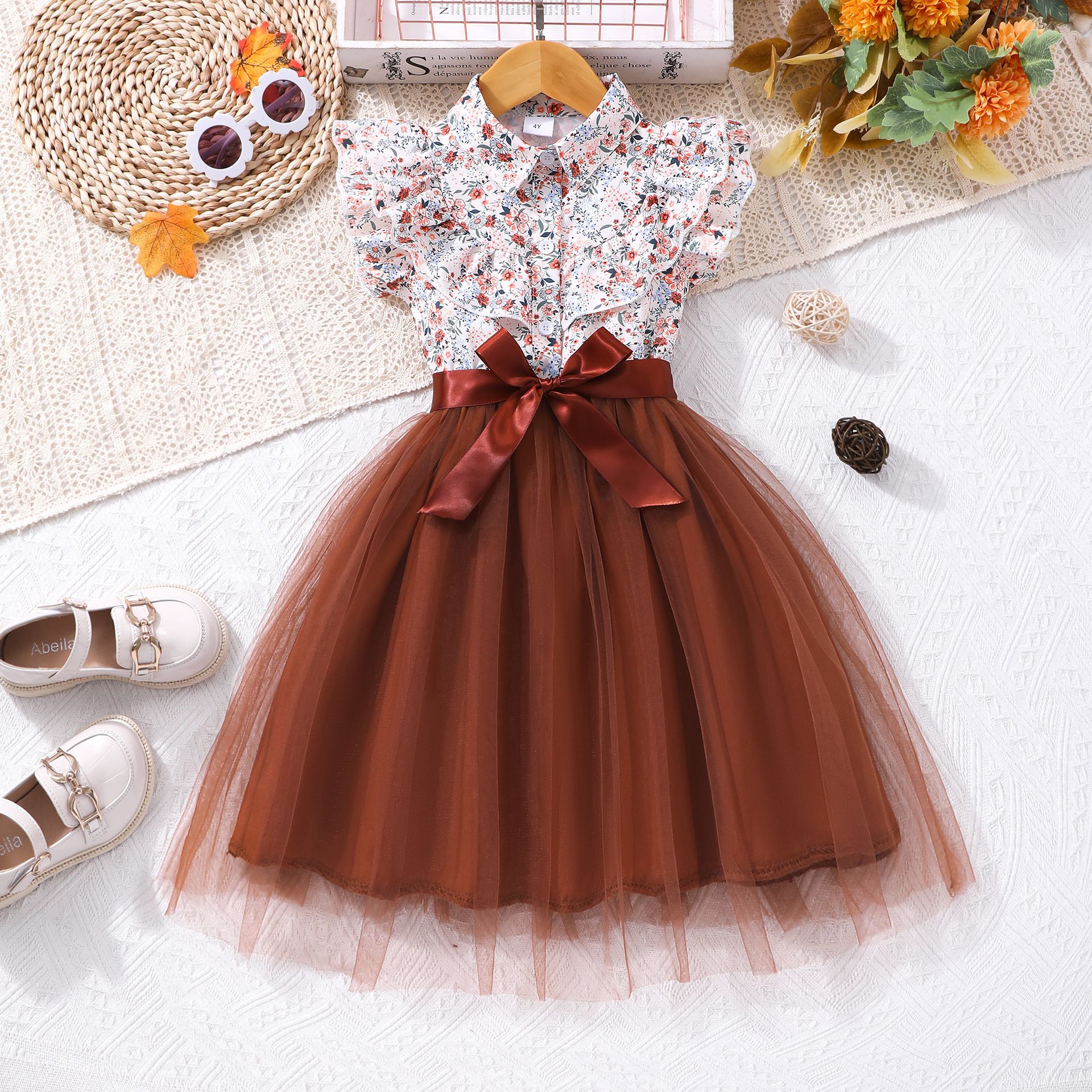 Girls' Dress Set Floral Tulle Princess Dress Bow Lapel Ruffle With Belt Tulle Dress Fashion New Style Stylish Design Birthday Holiday Gift