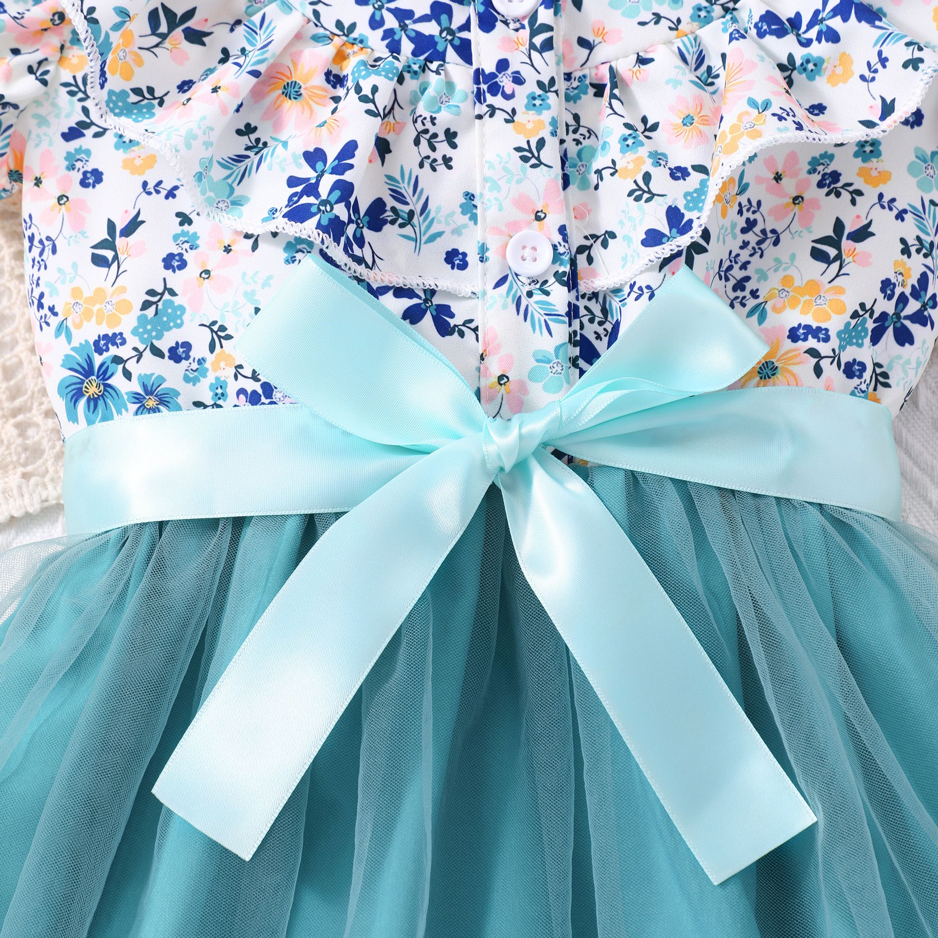 Girls' Dress Set Floral Tulle Princess Dress Bow Lapel Ruffle With Belt Tulle Dress Fashion New Style Stylish Design Birthday Holiday Gift