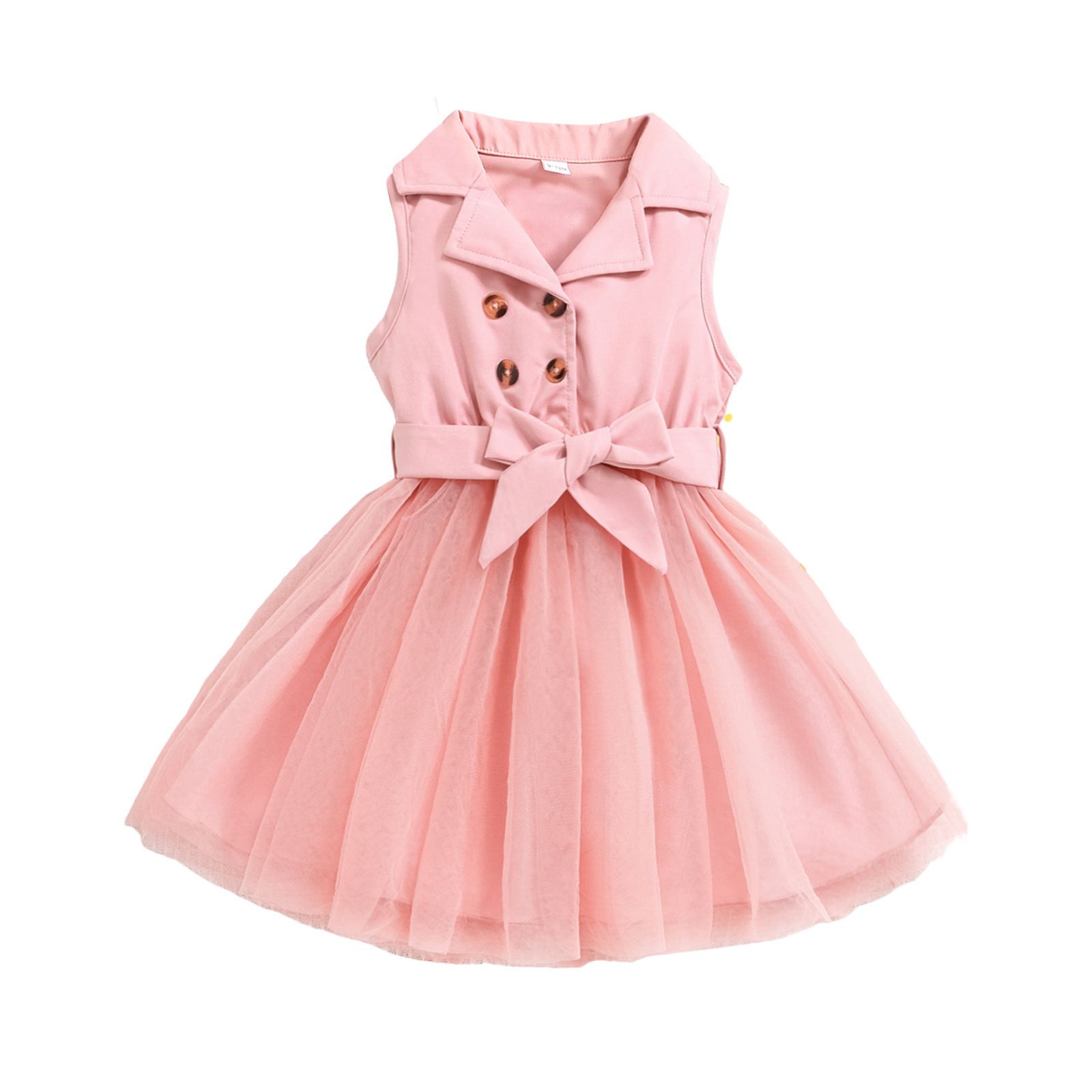 Girls' Princess Dress Bow Lapel Sleeveless Double-Breasted Top Patchwork Tulle Dress Fashion New Style Stylish Design