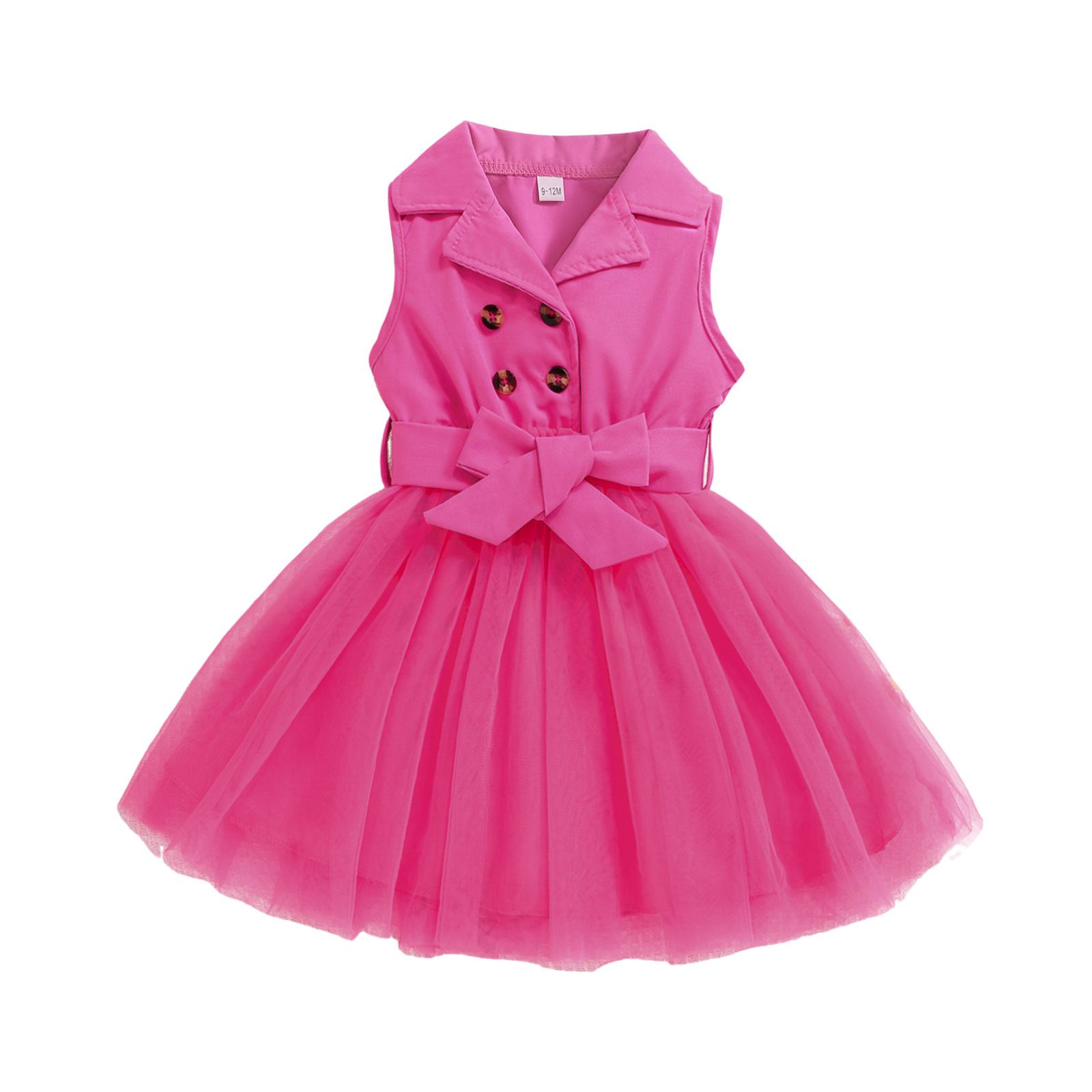 Girls' Princess Dress Bow Lapel Sleeveless Double-Breasted Top Patchwork Tulle Dress Fashion New Style Stylish Design