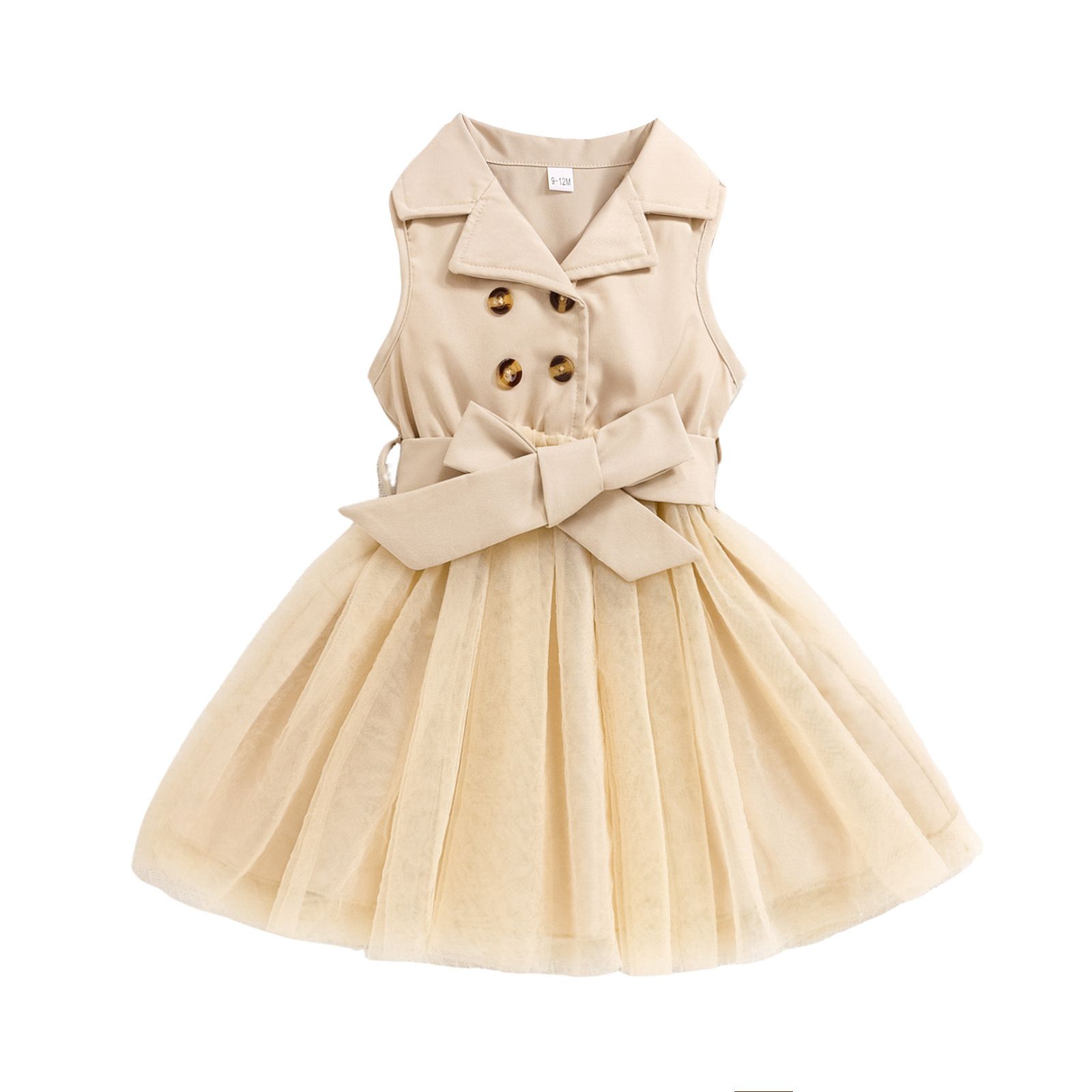 Girls' Princess Dress Bow Lapel Sleeveless Double-Breasted Top Patchwork Tulle Dress Fashion New Style Stylish Design