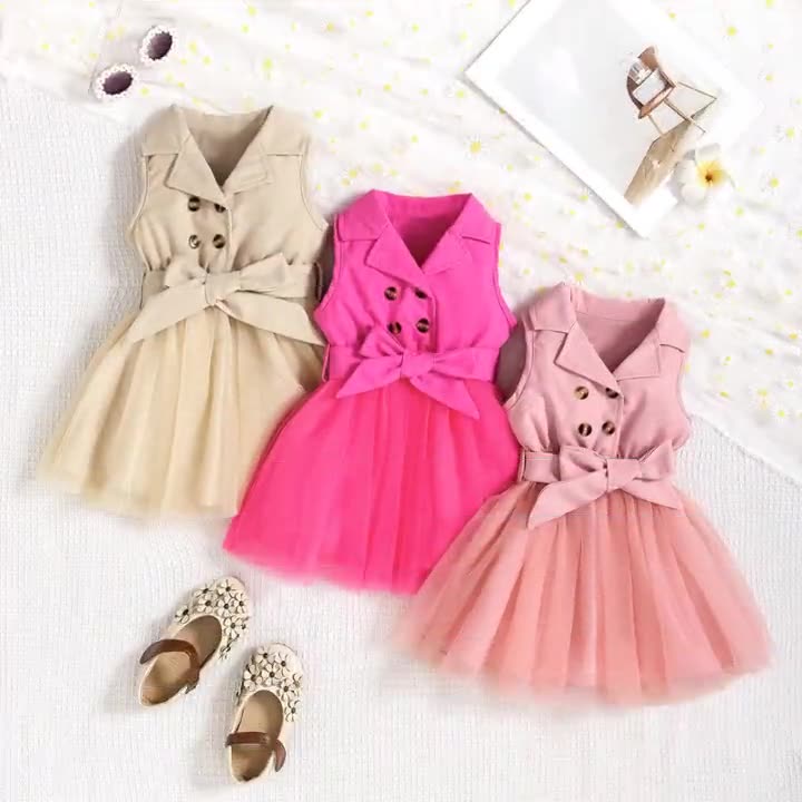 Girls' Princess Dress Bow Lapel Sleeveless Double-Breasted Top Patchwork Tulle Dress Fashion New Style Stylish Design