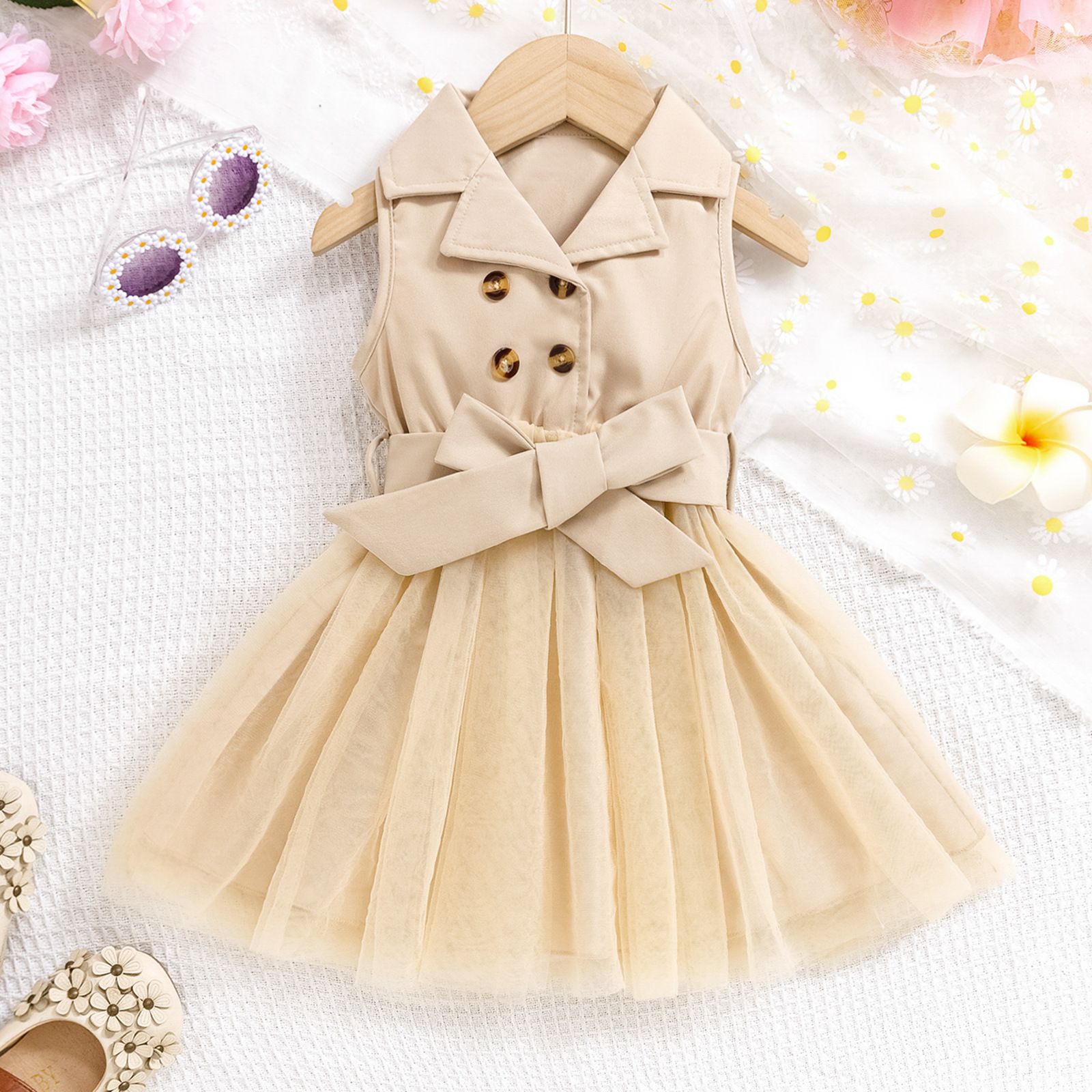 Girls' Princess Dress Bow Lapel Sleeveless Double-Breasted Top Patchwork Tulle Dress Fashion New Style Stylish Design