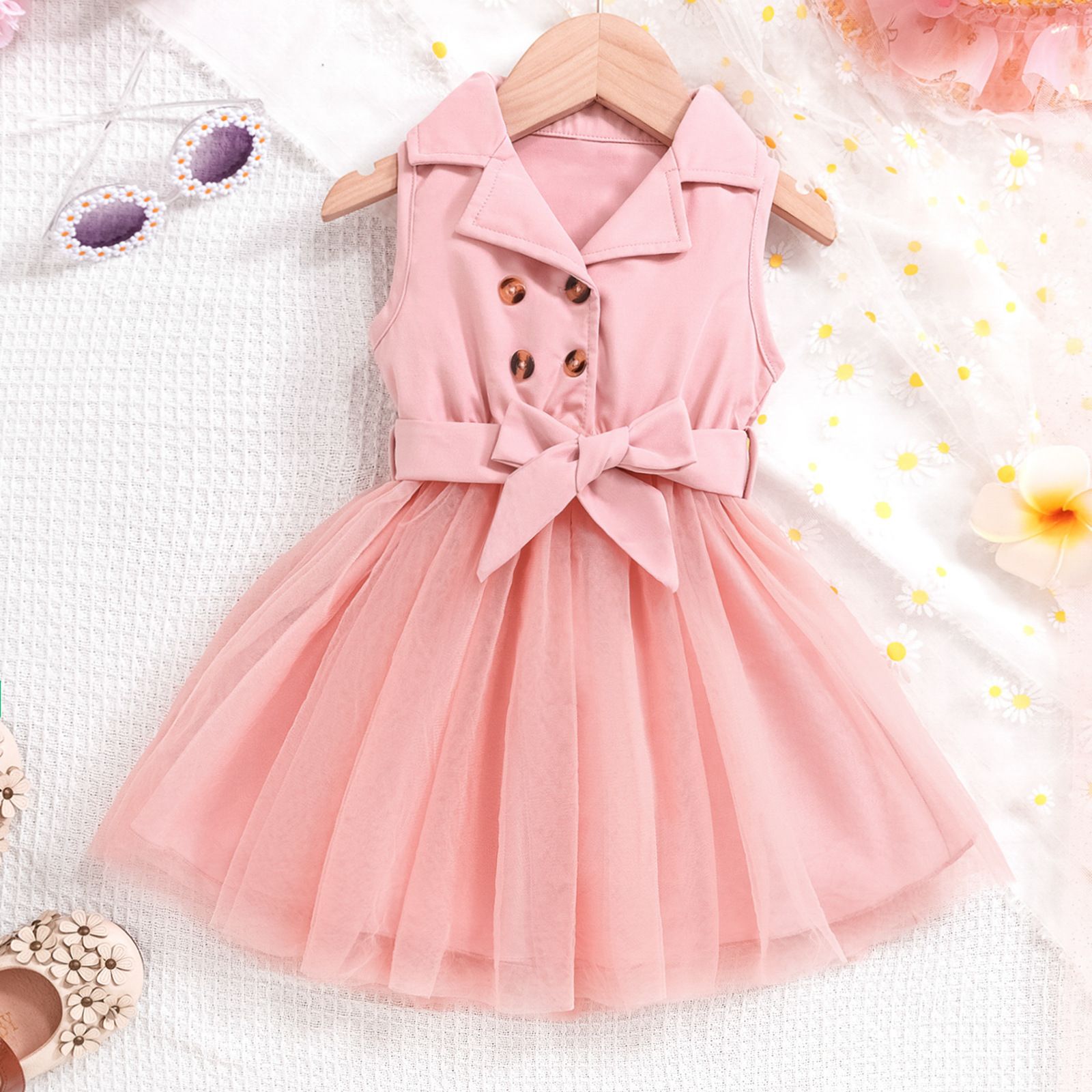 Girls' Princess Dress Bow Lapel Sleeveless Double-Breasted Top Patchwork Tulle Dress Fashion New Style Stylish Design