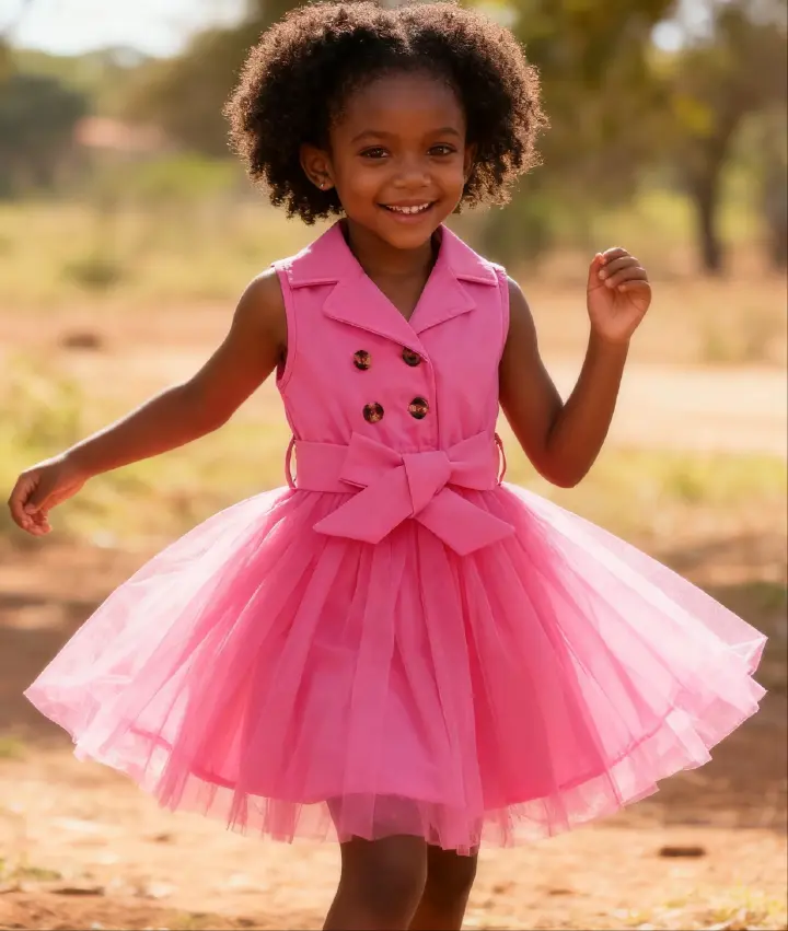 Girls' Princess Dress Bow Lapel Sleeveless Double-Breasted Top Patchwork Tulle Dress Fashion New Style Stylish Design