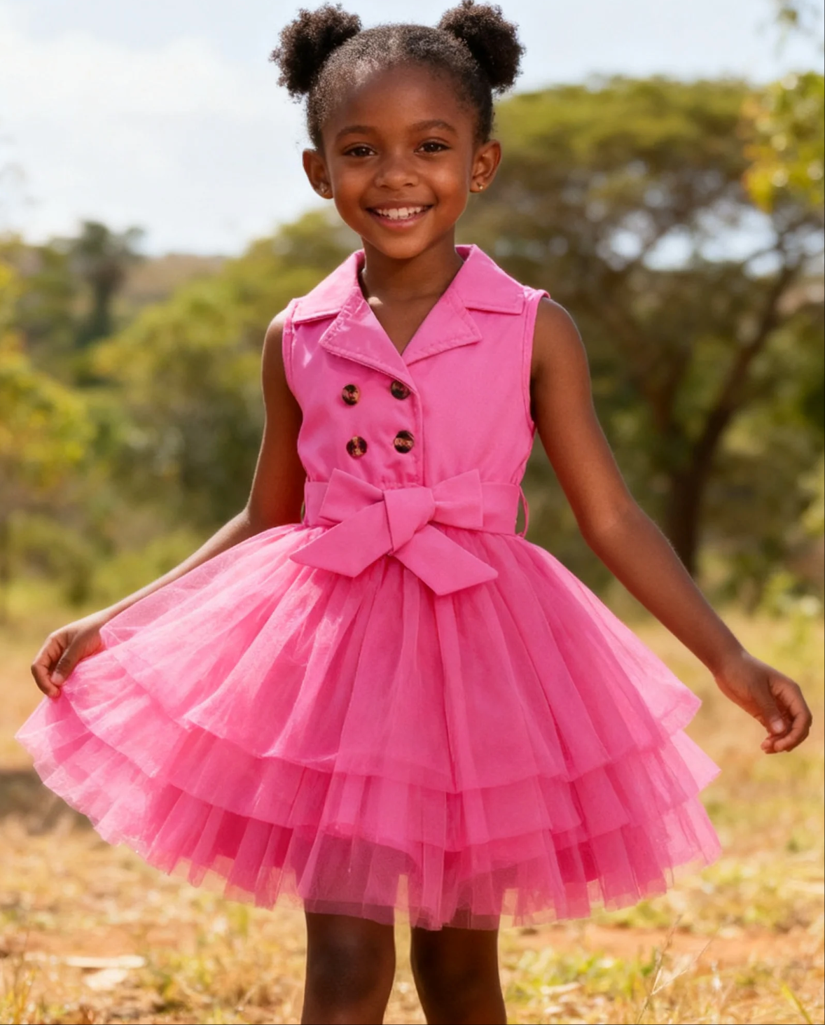 Girls' Princess Dress Bow Lapel Sleeveless Double-Breasted Top Patchwork Tulle Dress Fashion New Style Stylish Design
