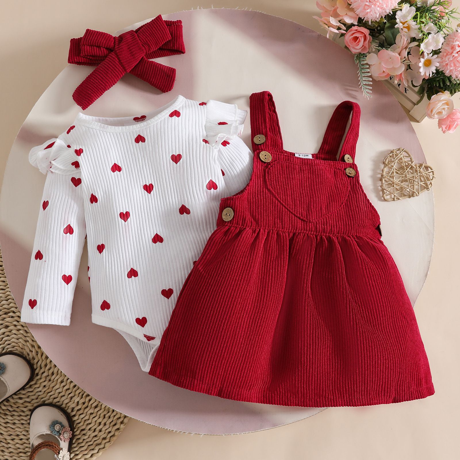 Baby Clothing 3-Piece Set Baby Romper Toddler Jumpsuit Dress Long-Sleeve Round Neck Bowknot Heart Suspender Skirt + Hairband Breathable Comfortable Suitable For 0-18 Months