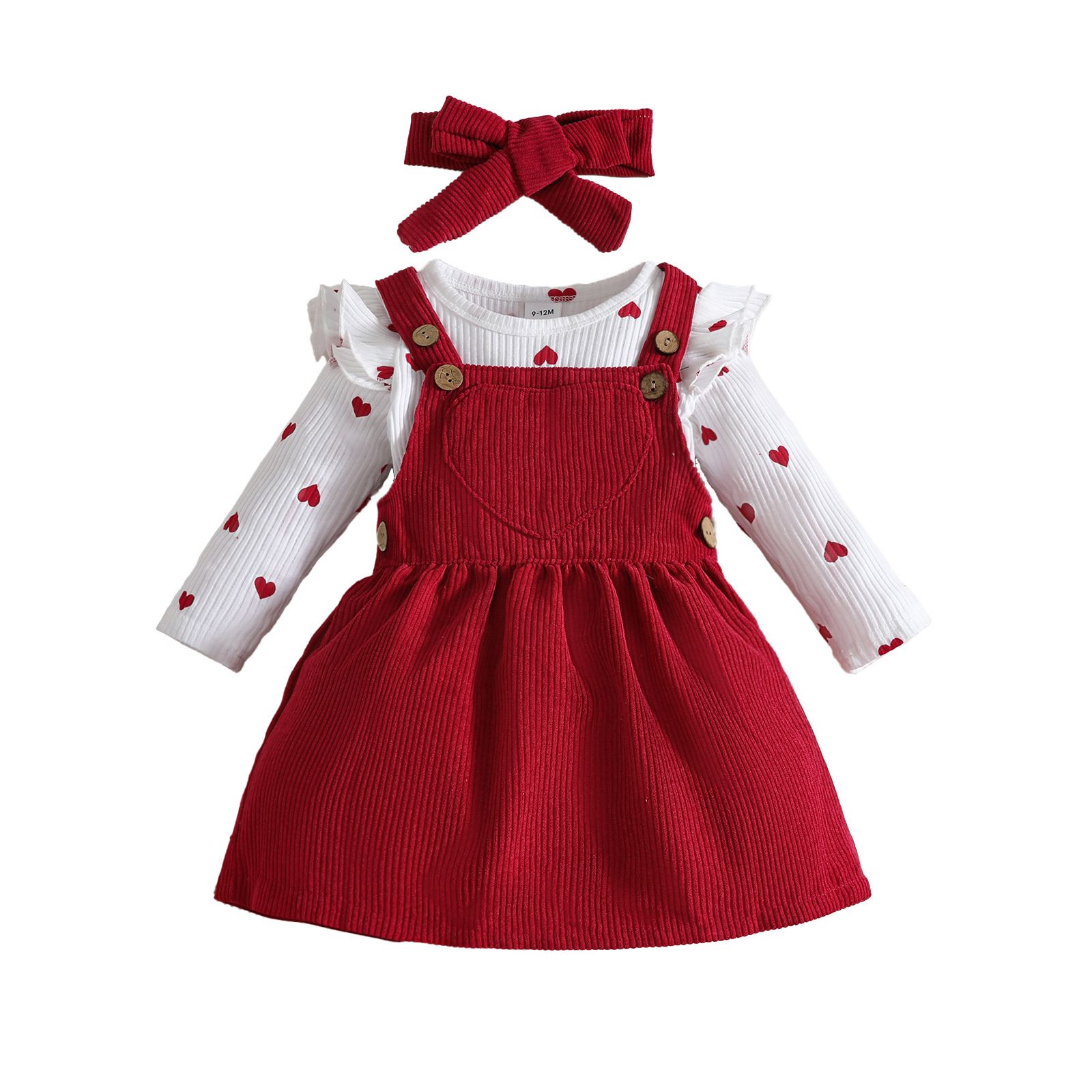 Baby Clothing 3-Piece Set Baby Romper Toddler Jumpsuit Dress Long-Sleeve Round Neck Bowknot Heart Suspender Skirt + Hairband Breathable Comfortable Suitable For 0-18 Months