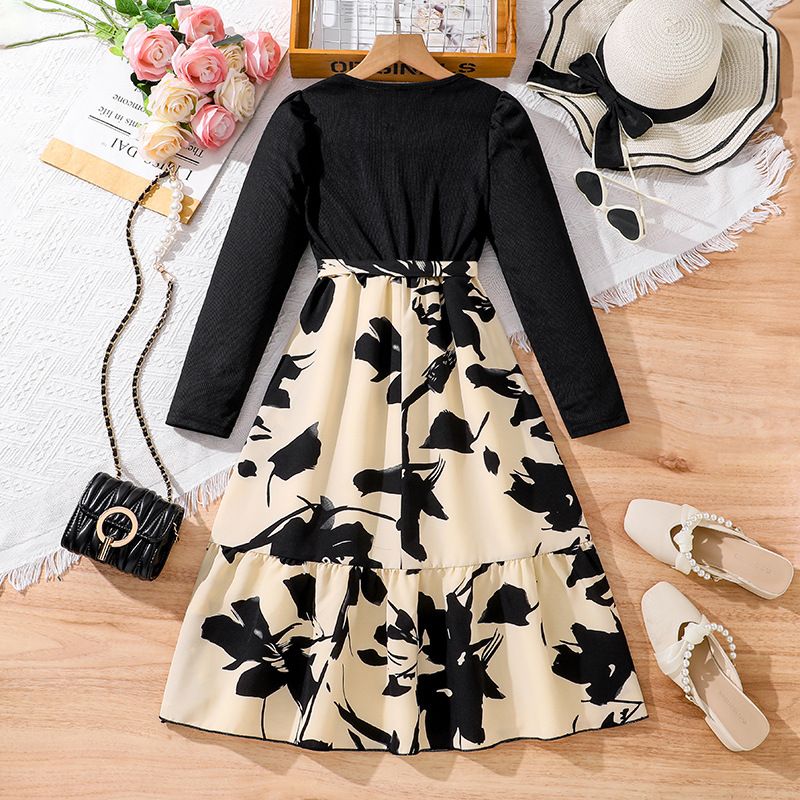 Girls' Princess Gown Set Long Sleeve Paneled Dress Bow Belt Round Neck Long Sleeve Bow Pattern Print Pleated Skirt Stylish Formal Dress Birthday Holiday Gift
