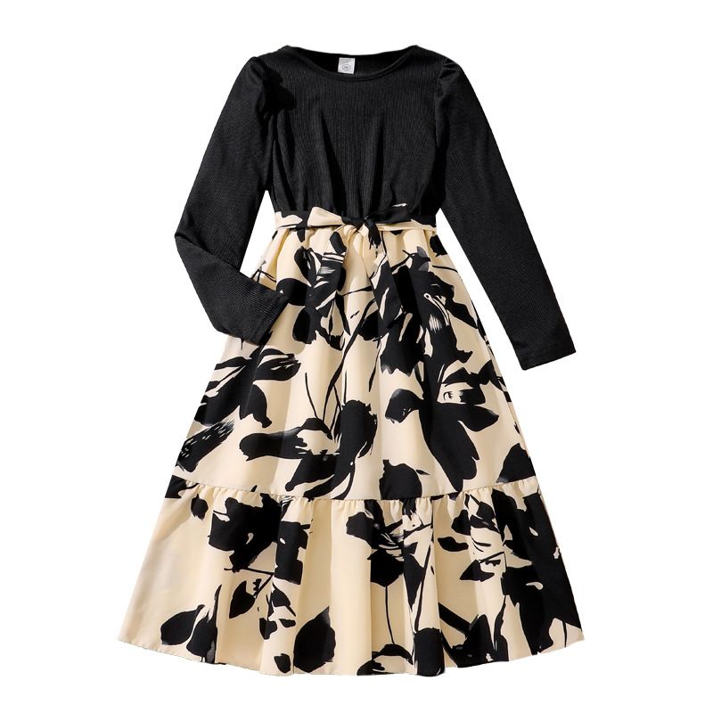 Girls' Princess Gown Set Long Sleeve Paneled Dress Bow Belt Round Neck Long Sleeve Bow Pattern Print Pleated Skirt Stylish Formal Dress Birthday Holiday Gift