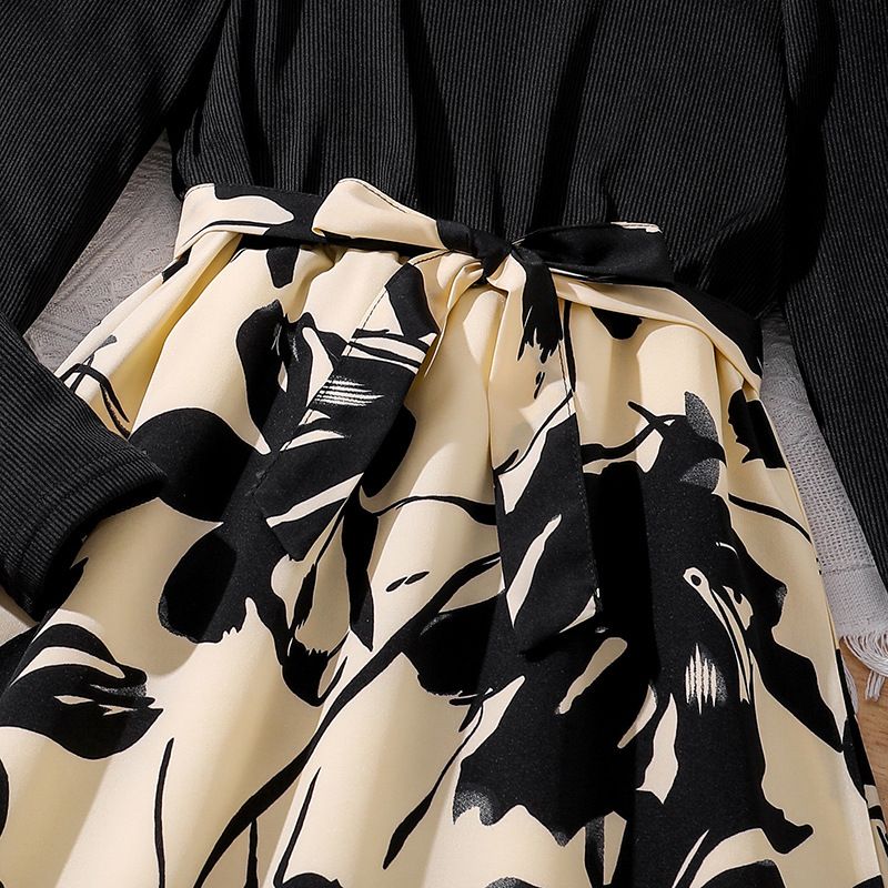 Girls' Princess Gown Set Long Sleeve Paneled Dress Bow Belt Round Neck Long Sleeve Bow Pattern Print Pleated Skirt Stylish Formal Dress Birthday Holiday Gift