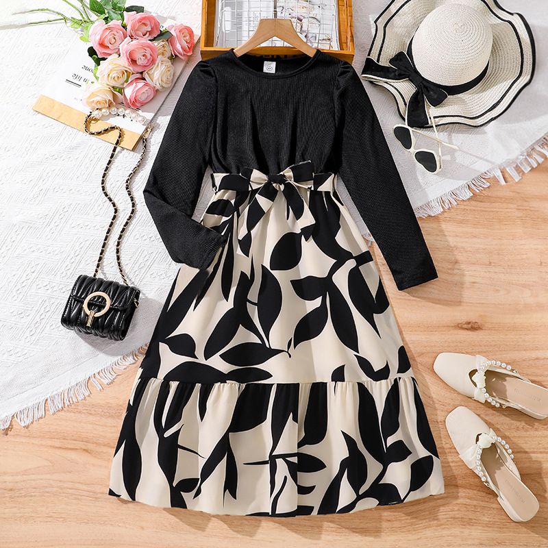 Girls' Princess Gown Set Long Sleeve Paneled Dress Bow Belt Round Neck Long Sleeve Bow Pattern Print Pleated Skirt Stylish Formal Dress Birthday Holiday Gift