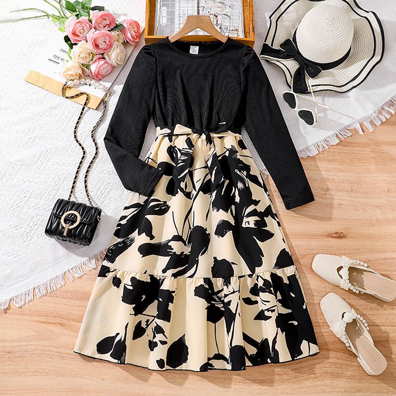 Girls' Princess Gown Set Long Sleeve Paneled Dress Bow Belt Round Neck Long Sleeve Bow Pattern Print Pleated Skirt Stylish Formal Dress Birthday Holiday Gift