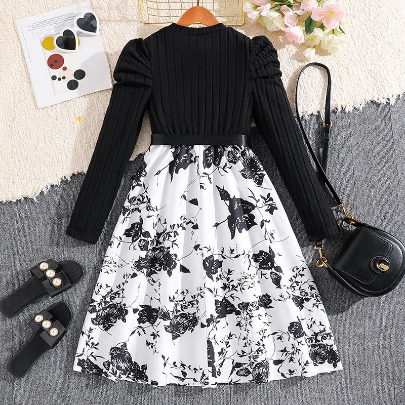 Girls' Princess Gown Set Long Sleeve Paneled Dress Bow Belt Round Neck Long Sleeve Bow Pattern Print Pleated Skirt Stylish Formal Dress Birthday Holiday Gift