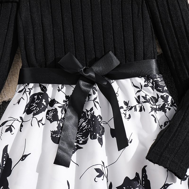 Girls' Princess Gown Set Long Sleeve Paneled Dress Bow Belt Round Neck Long Sleeve Bow Pattern Print Pleated Skirt Stylish Formal Dress Birthday Holiday Gift