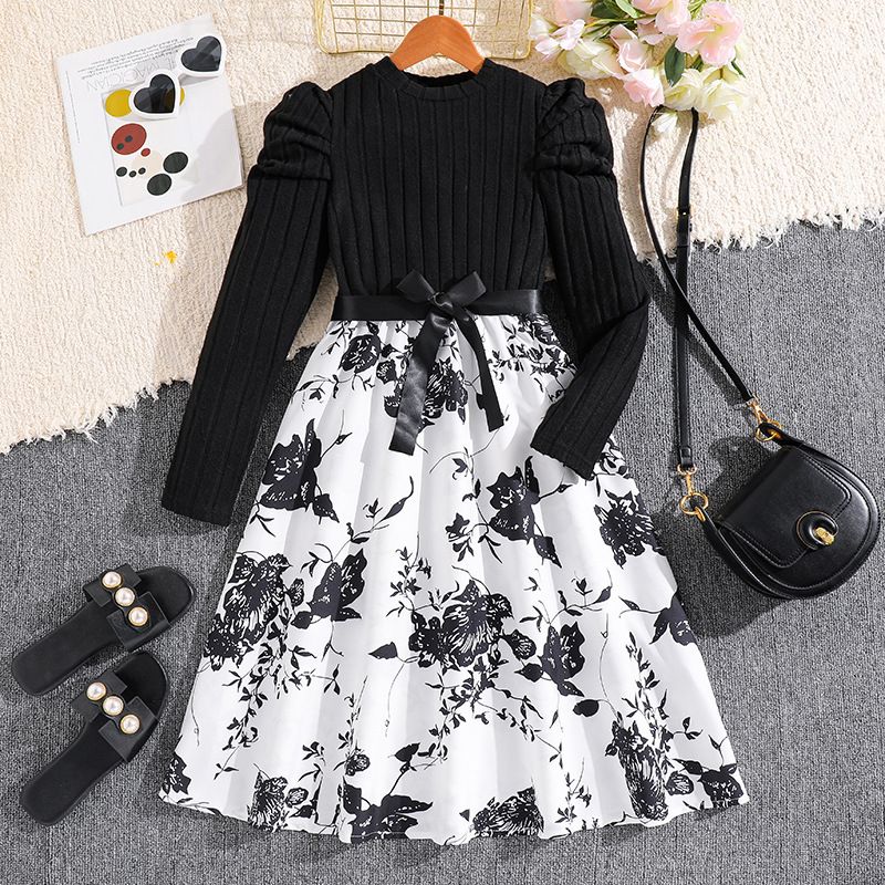 Girls' Princess Gown Set Long Sleeve Paneled Dress Bow Belt Round Neck Long Sleeve Bow Pattern Print Pleated Skirt Stylish Formal Dress Birthday Holiday Gift