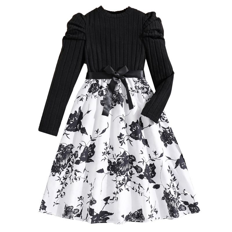 Girls' Princess Gown Set Long Sleeve Paneled Dress Bow Belt Round Neck Long Sleeve Bow Pattern Print Pleated Skirt Stylish Formal Dress Birthday Holiday Gift