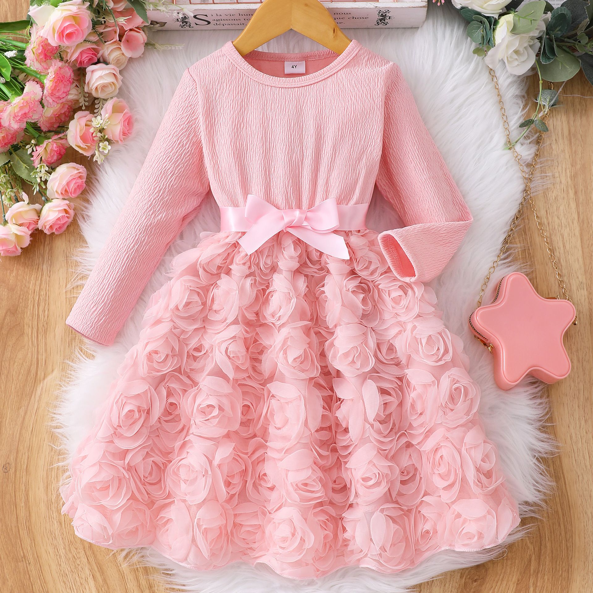 Girls' Clothing Children's Clothing Dress Long Sleeved Mesh Style Fashionable New Style Rose Petals Casual And Comfortable Design Sense
