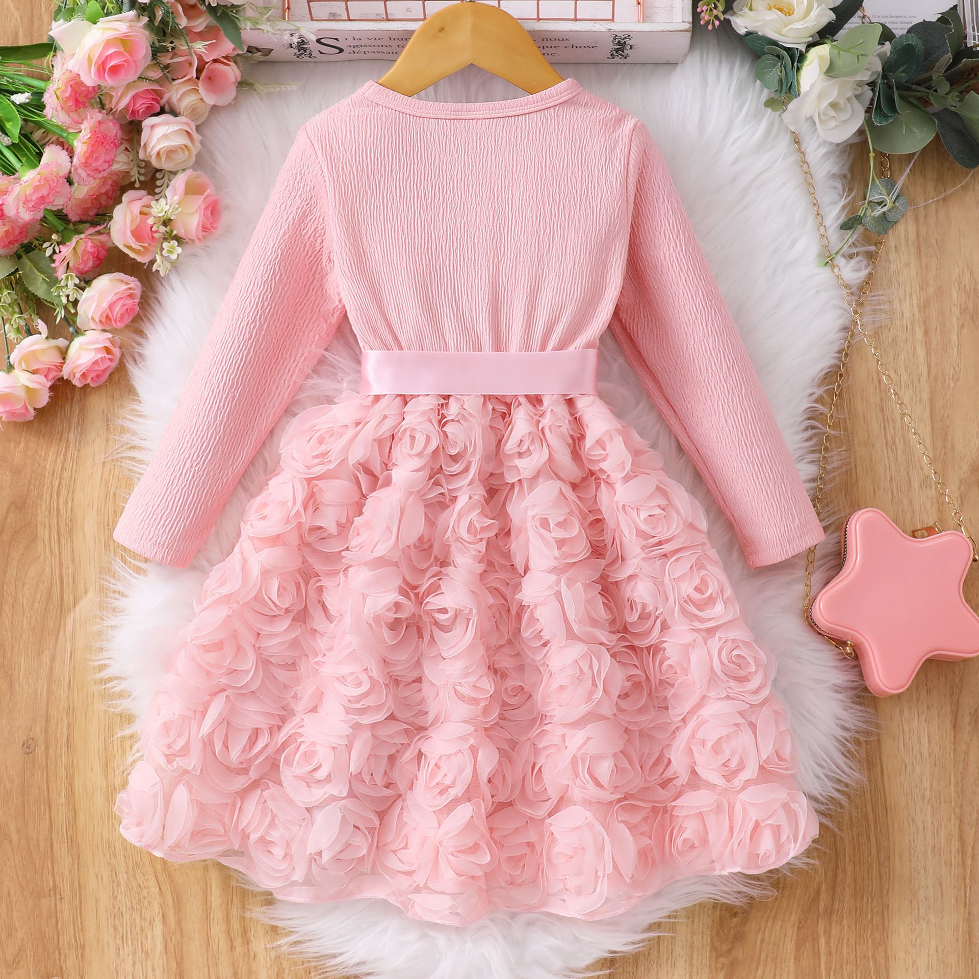 Girls' Clothing Children's Clothing Dress Long Sleeved Mesh Style Fashionable New Style Rose Petals Casual And Comfortable Design Sense