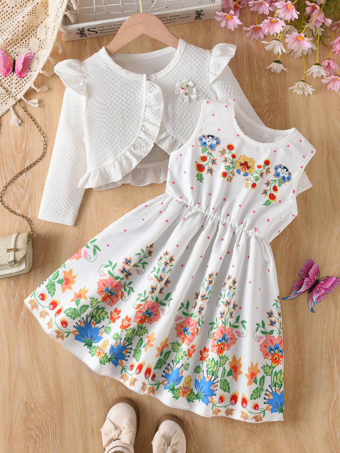 Girls' Princess Two-Piece Set Butterfly Flower Sundress With White Tank Top Colorful Floral Ruffles Long Sleeve Outer Wear Birthday Holiday Gift
