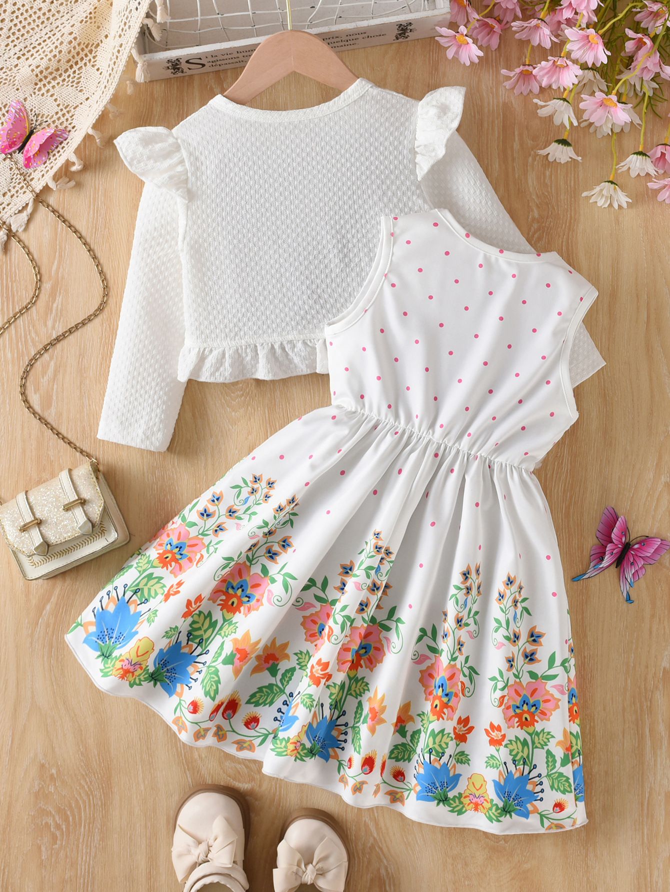 Girls' Princess Two-Piece Set Butterfly Flower Sundress With White Tank Top Colorful Floral Ruffles Long Sleeve Outer Wear Birthday Holiday Gift