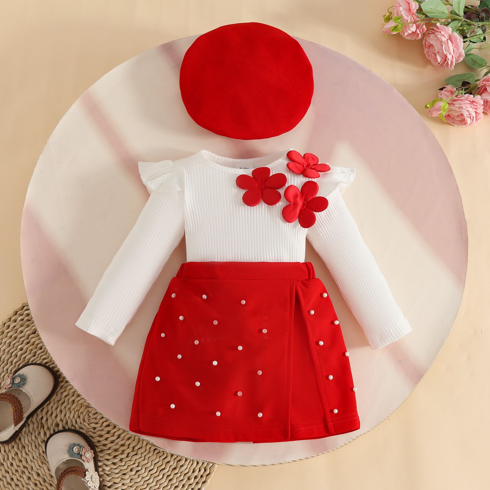 Girls' Three-Piece Set Appliqué Long-Sleeve Top Beaded Midi Skirt Beret Cotton Knit With Flower Charm Sequin Skirt Fashion Design Birthday Holiday Gift