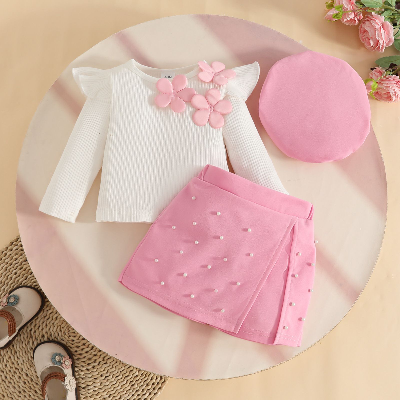 Girls' Three-Piece Set Appliqué Long-Sleeve Top Beaded Midi Skirt Beret Cotton Knit With Flower Charm Sequin Skirt Fashion Design Birthday Holiday Gift