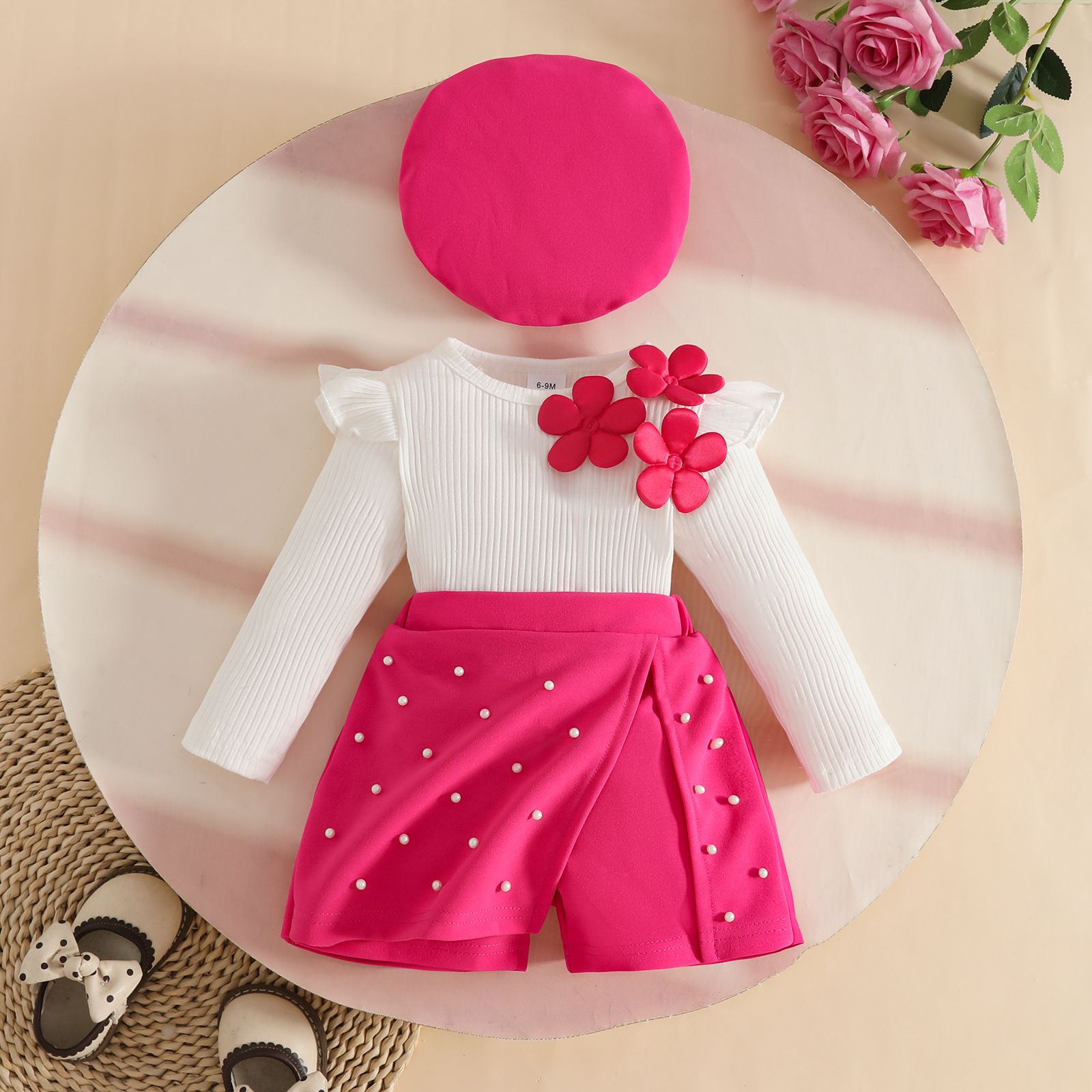 Girls' Three-Piece Set Appliqué Long-Sleeve Top Beaded Midi Skirt Beret Cotton Knit With Flower Charm Sequin Skirt Fashion Design Birthday Holiday Gift