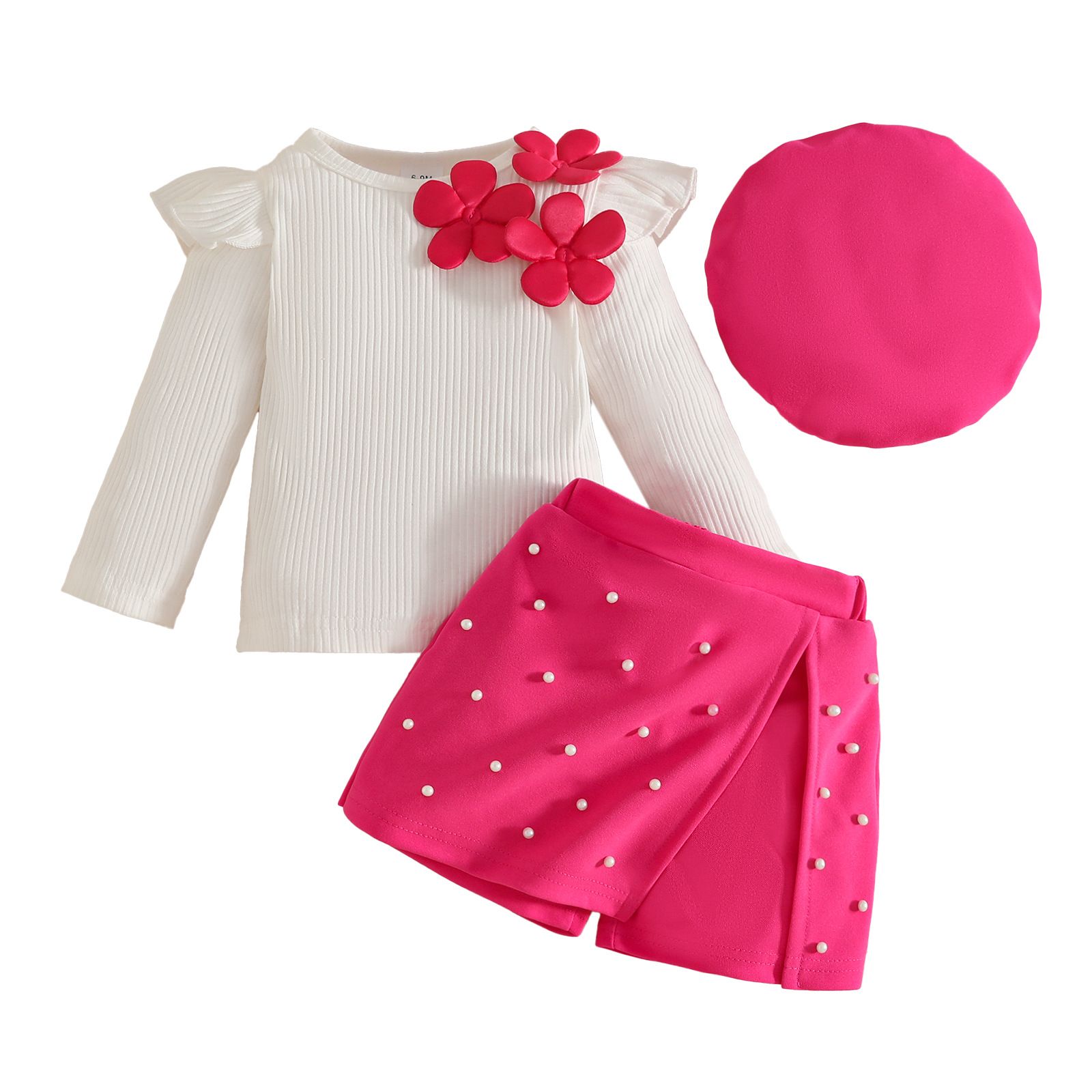 Girls' Three-Piece Set Appliqué Long-Sleeve Top Beaded Midi Skirt Beret Cotton Knit With Flower Charm Sequin Skirt Fashion Design Birthday Holiday Gift