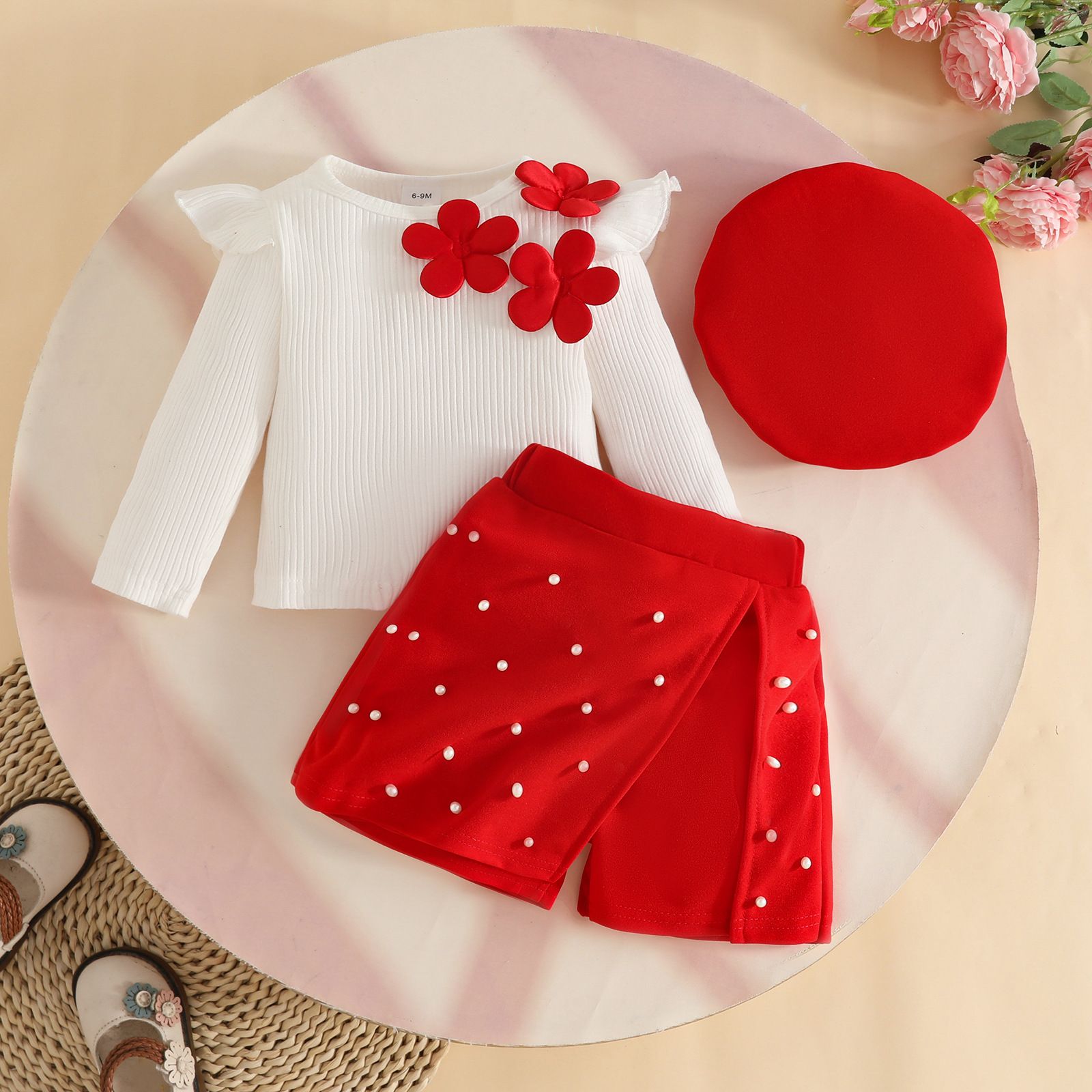 Girls' Three-Piece Set Appliqué Long-Sleeve Top Beaded Midi Skirt Beret Cotton Knit With Flower Charm Sequin Skirt Fashion Design Birthday Holiday Gift