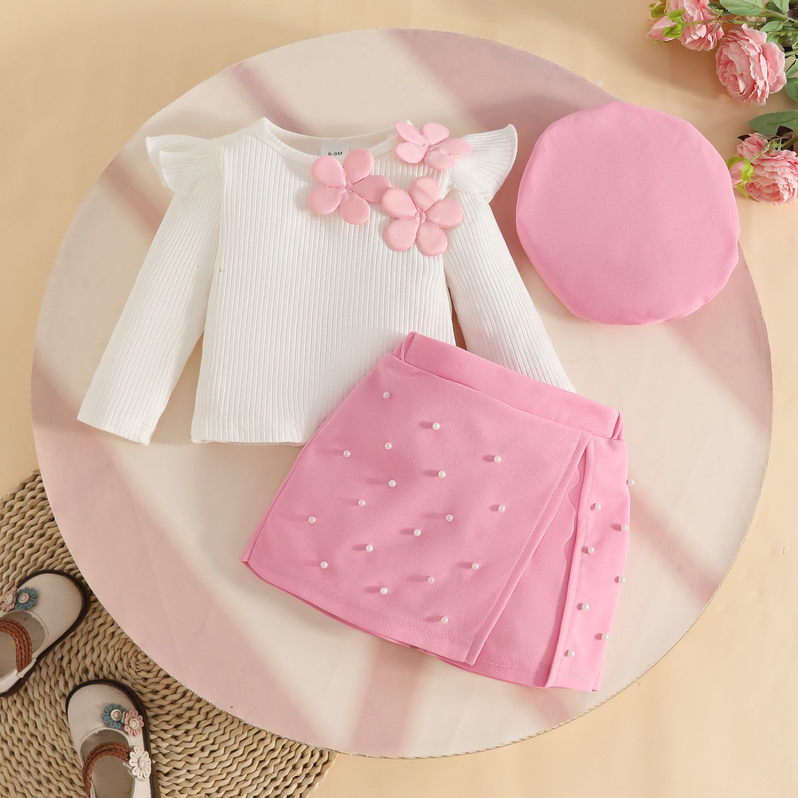 Girls' Three-Piece Set Appliqué Long-Sleeve Top Beaded Midi Skirt Beret Cotton Knit With Flower Charm Sequin Skirt Fashion Design Birthday Holiday Gift