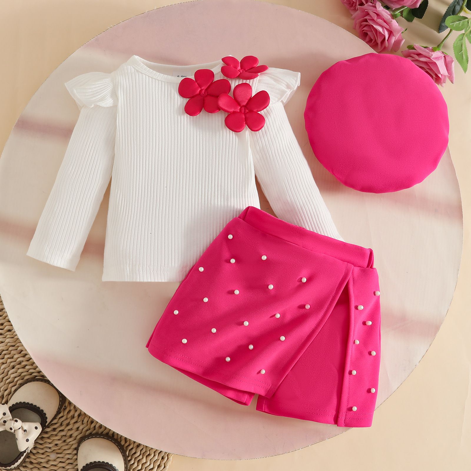 Girls' Three-Piece Set Appliqué Long-Sleeve Top Beaded Midi Skirt Beret Cotton Knit With Flower Charm Sequin Skirt Fashion Design Birthday Holiday Gift
