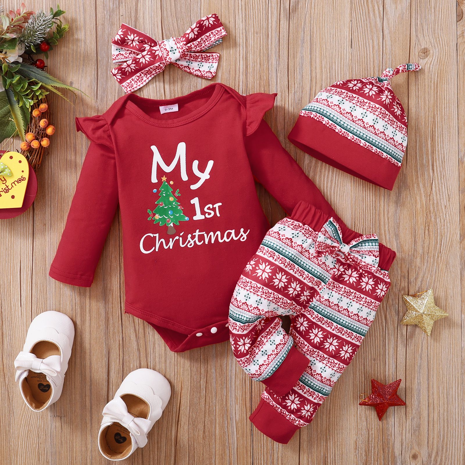 Baby Romper 4-Piece Set For 0-1 Year Old Baby Onesie Christmas Letter Printed Hat Long Sleeve Top Snowflake Pants With Bow 1st Birthday Party Design Breathable And Comfortable