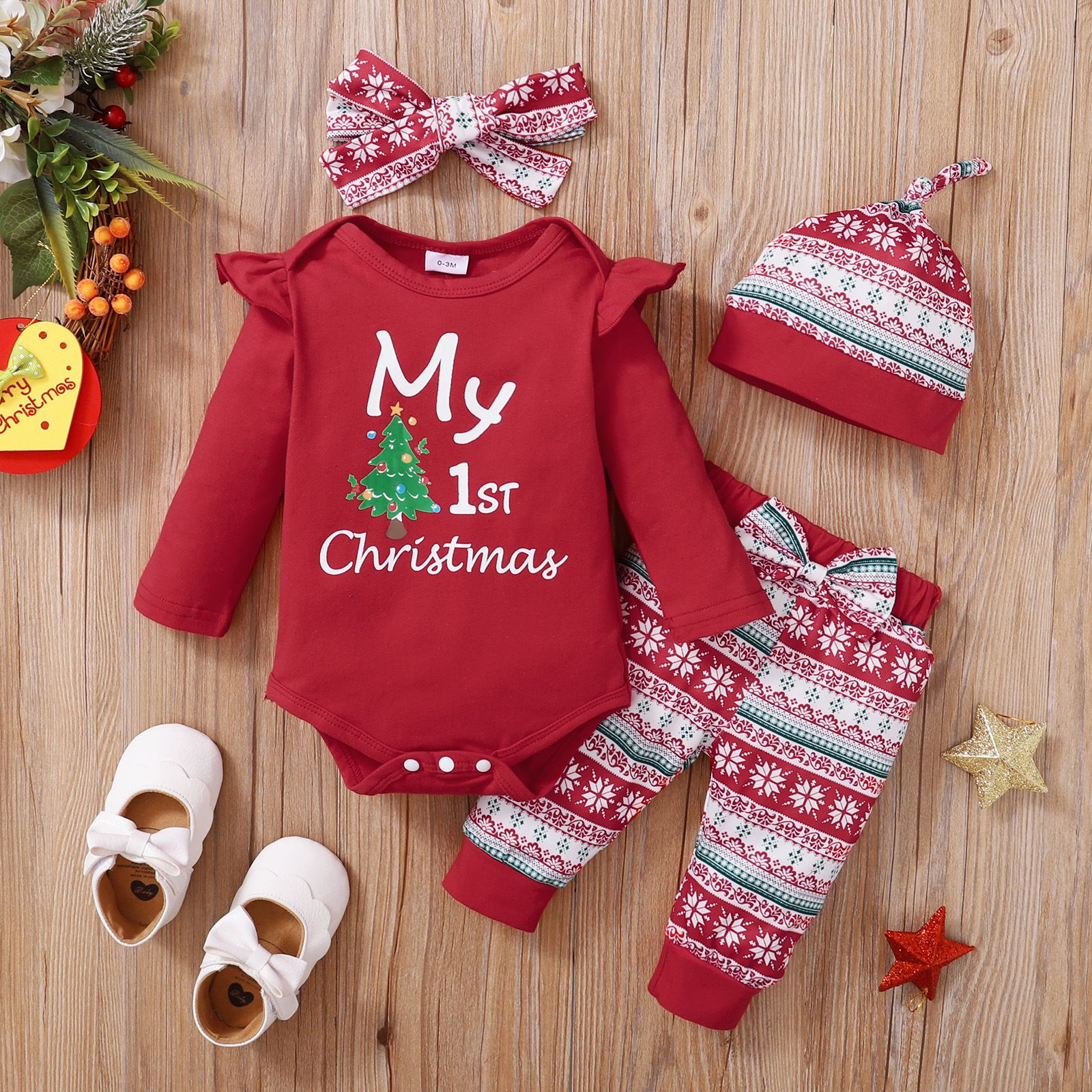 Baby Romper 4-Piece Set For 0-1 Year Old Baby Onesie Christmas Letter Printed Hat Long Sleeve Top Snowflake Pants With Bow 1st Birthday Party Design Breathable And Comfortable