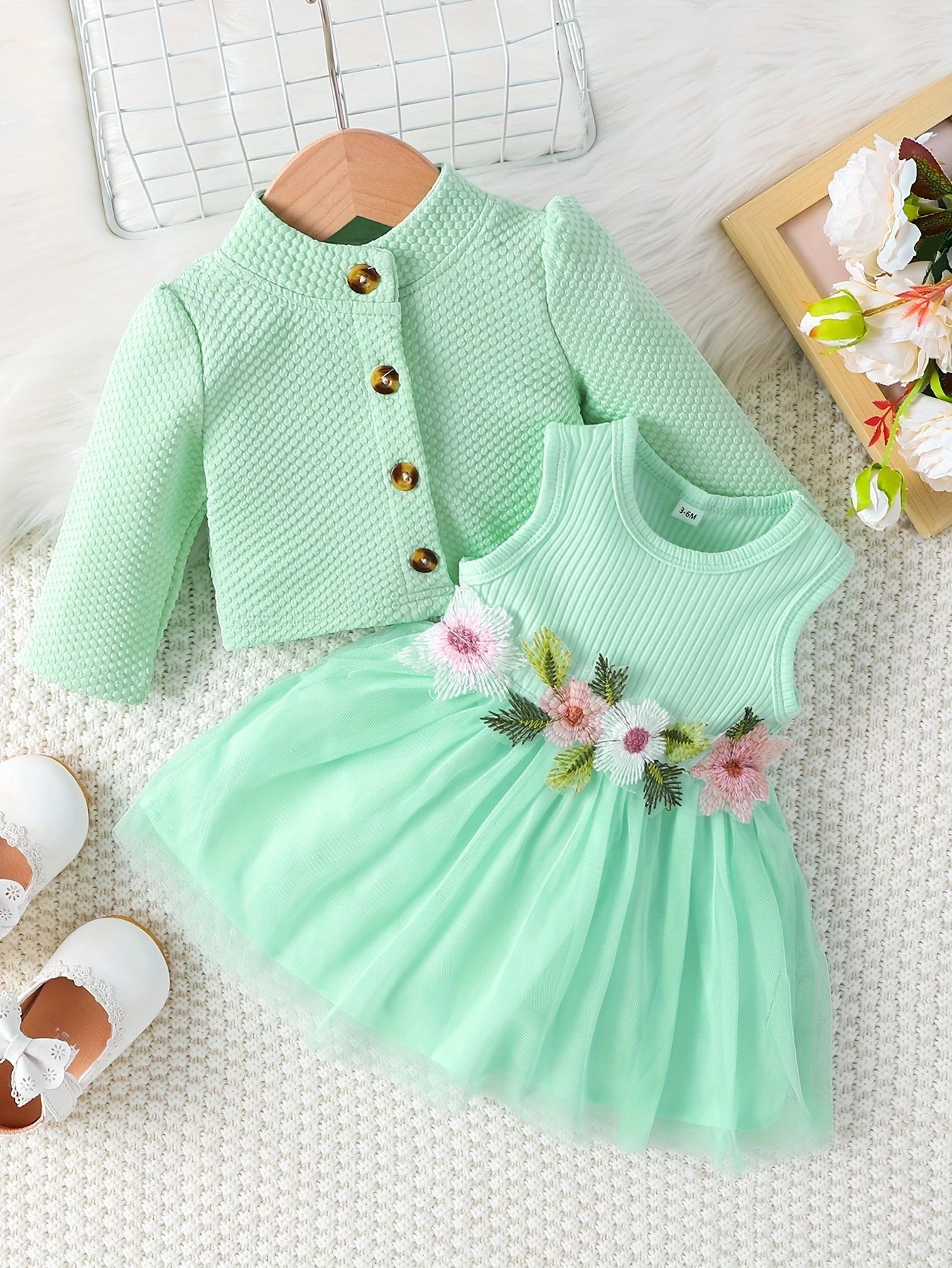 Girls' 2-Piece Set Infant Toddler Girls' Clothing Long Sleeve Jacket Top + Vest Paneled Dress Waist Flower Tulle Skirt Fashion New Design Holiday Gift Suitable For 0-8 Years Old