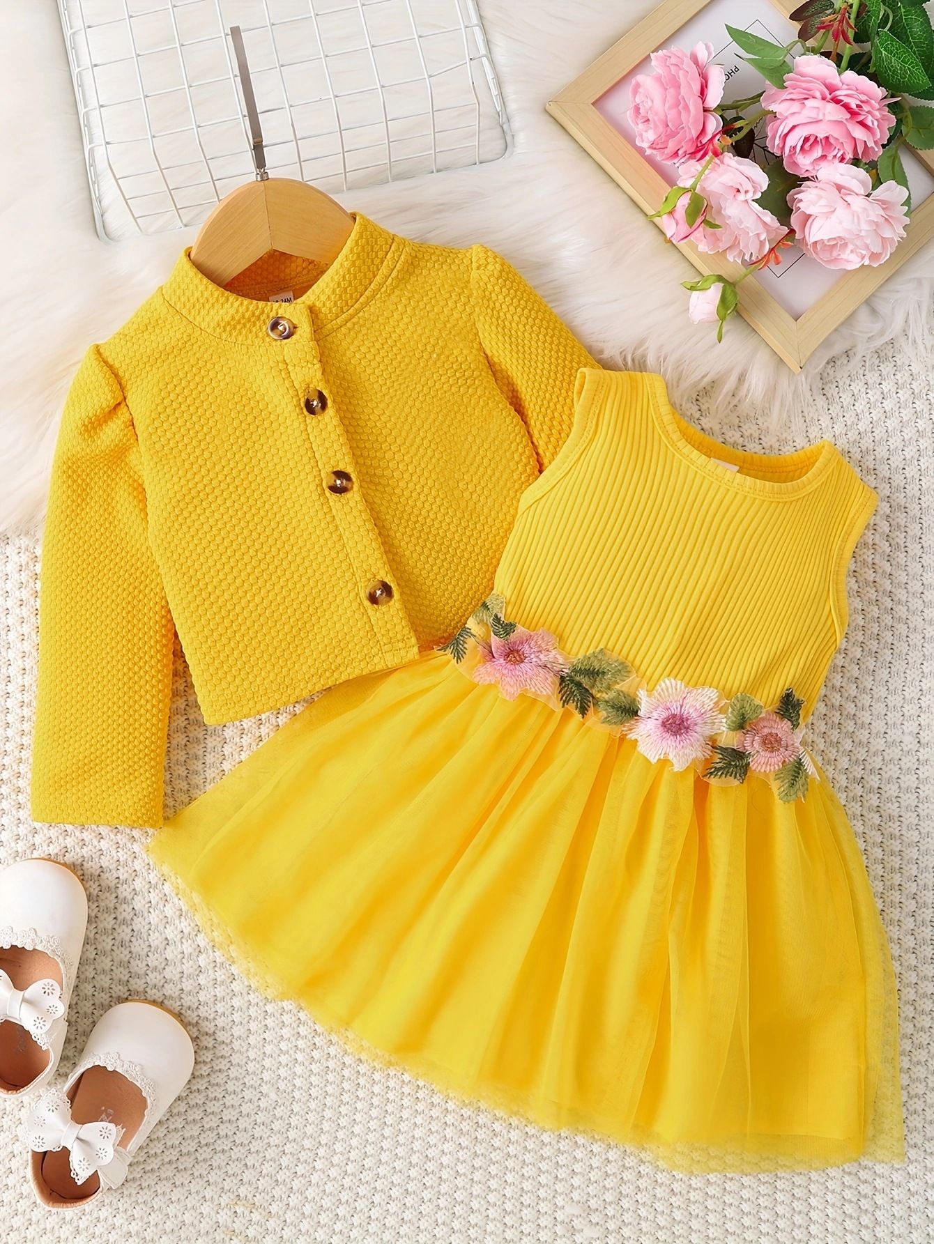 Girls' 2-Piece Set Infant Toddler Girls' Clothing Long Sleeve Jacket Top + Vest Paneled Dress Waist Flower Tulle Skirt Fashion New Design Holiday Gift Suitable For 0-8 Years Old