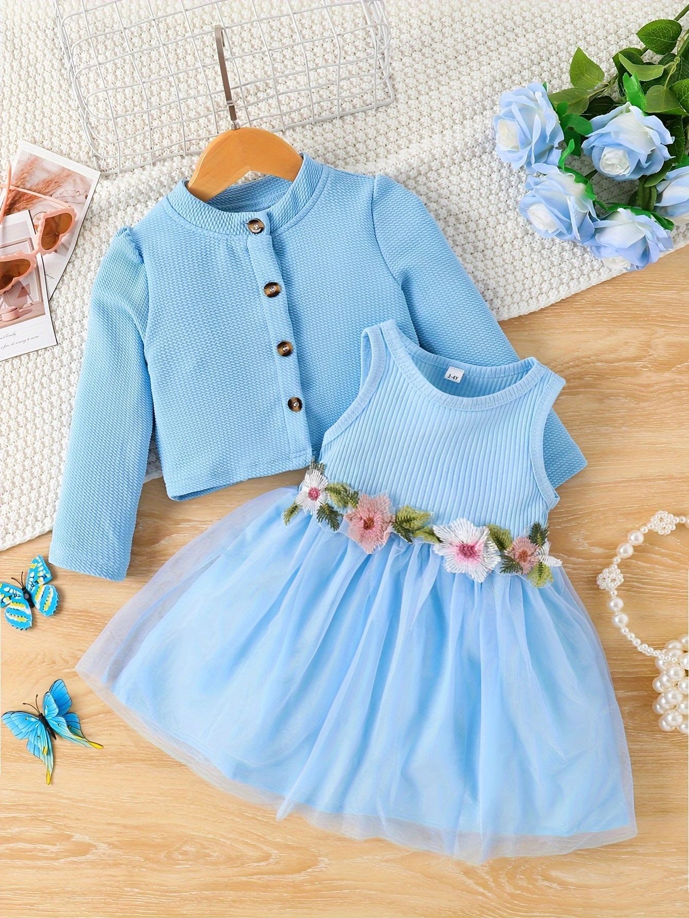 Girls' 2-Piece Set Infant Toddler Girls' Clothing Long Sleeve Jacket Top + Vest Paneled Dress Waist Flower Tulle Skirt Fashion New Design Holiday Gift Suitable For 0-8 Years Old