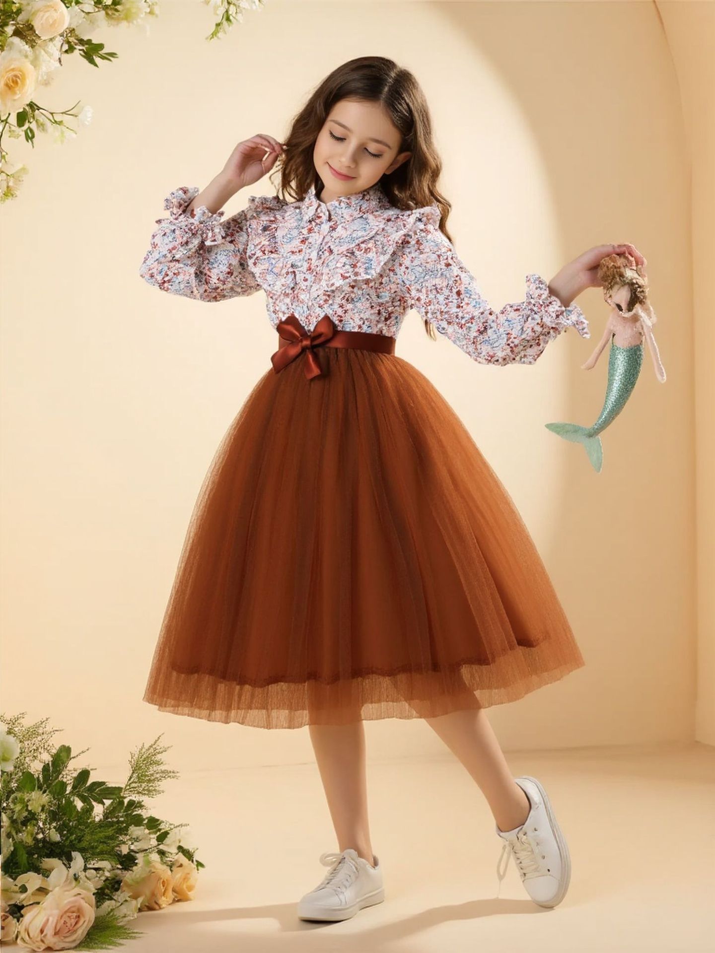 New Autumn Winter Girls Dress Long Sleeve Printed Tulle Dress with Bowknot Belt Soft Breathable Cute Comfortable Elegant Formal Outfit for 2-12 Years Old Holiday Party Formal Dress Mid-long Dresses