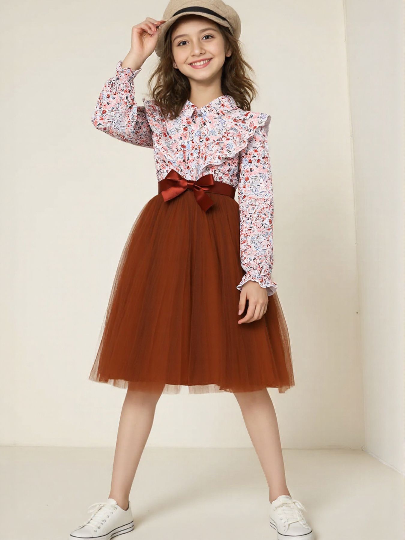 New Autumn Winter Girls Dress Long Sleeve Printed Tulle Dress with Bowknot Belt Soft Breathable Cute Comfortable Elegant Formal Outfit for 2-12 Years Old Holiday Party Formal Dress Mid-long Dresses