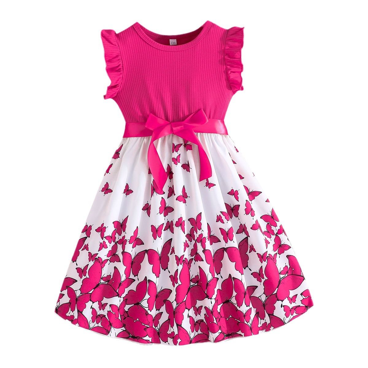 Girl'S Clothing Set Dress Ruffled Sleeve Patchwork Tulle Style Princess Dress Butterfly Print Bowknot Fashion Design New Style Comfortable And Breathable Holiday Gift Party Attendance Activity