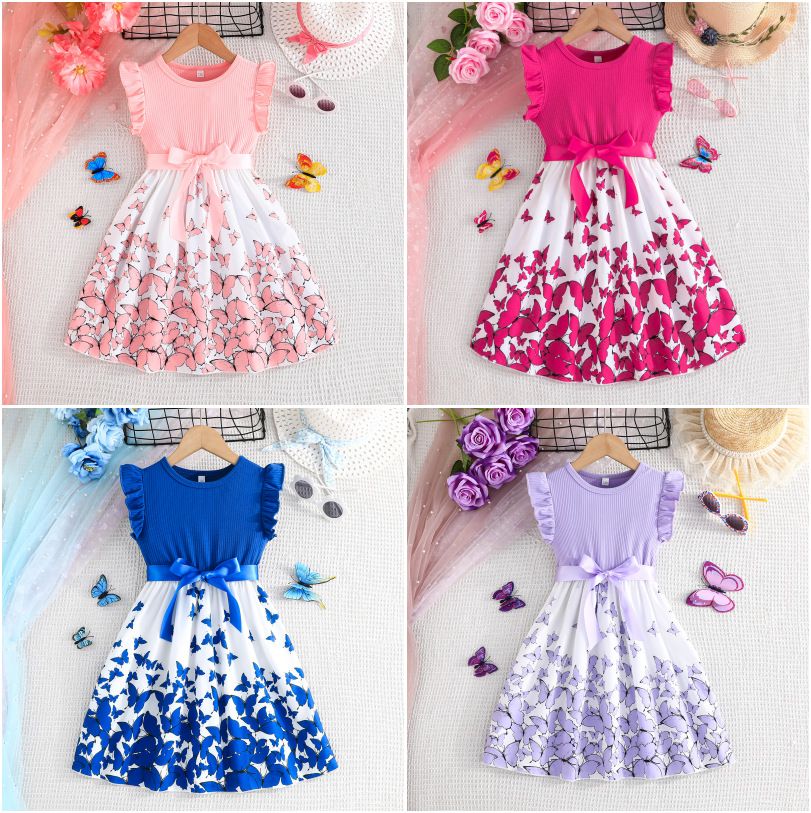 Girl'S Clothing Set Dress Ruffled Sleeve Patchwork Tulle Style Princess Dress Butterfly Print Bowknot Fashion Design New Style Comfortable And Breathable Holiday Gift Party Attendance Activity