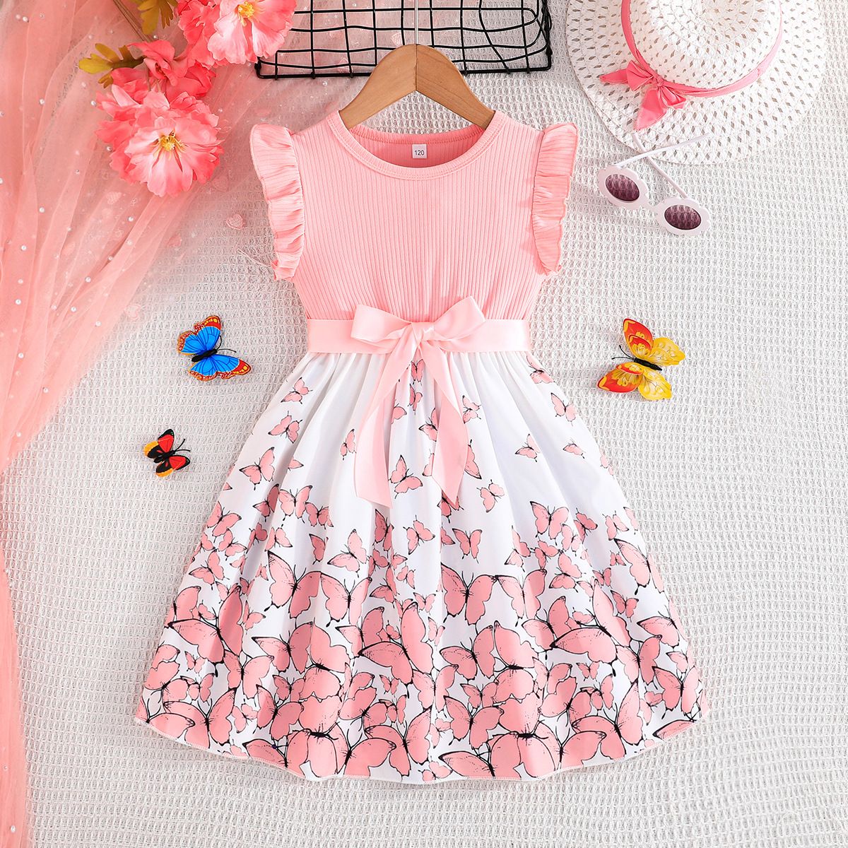 Girl'S Clothing Set Dress Ruffled Sleeve Patchwork Tulle Style Princess Dress Butterfly Print Bowknot Fashion Design New Style Comfortable And Breathable Holiday Gift Party Attendance Activity