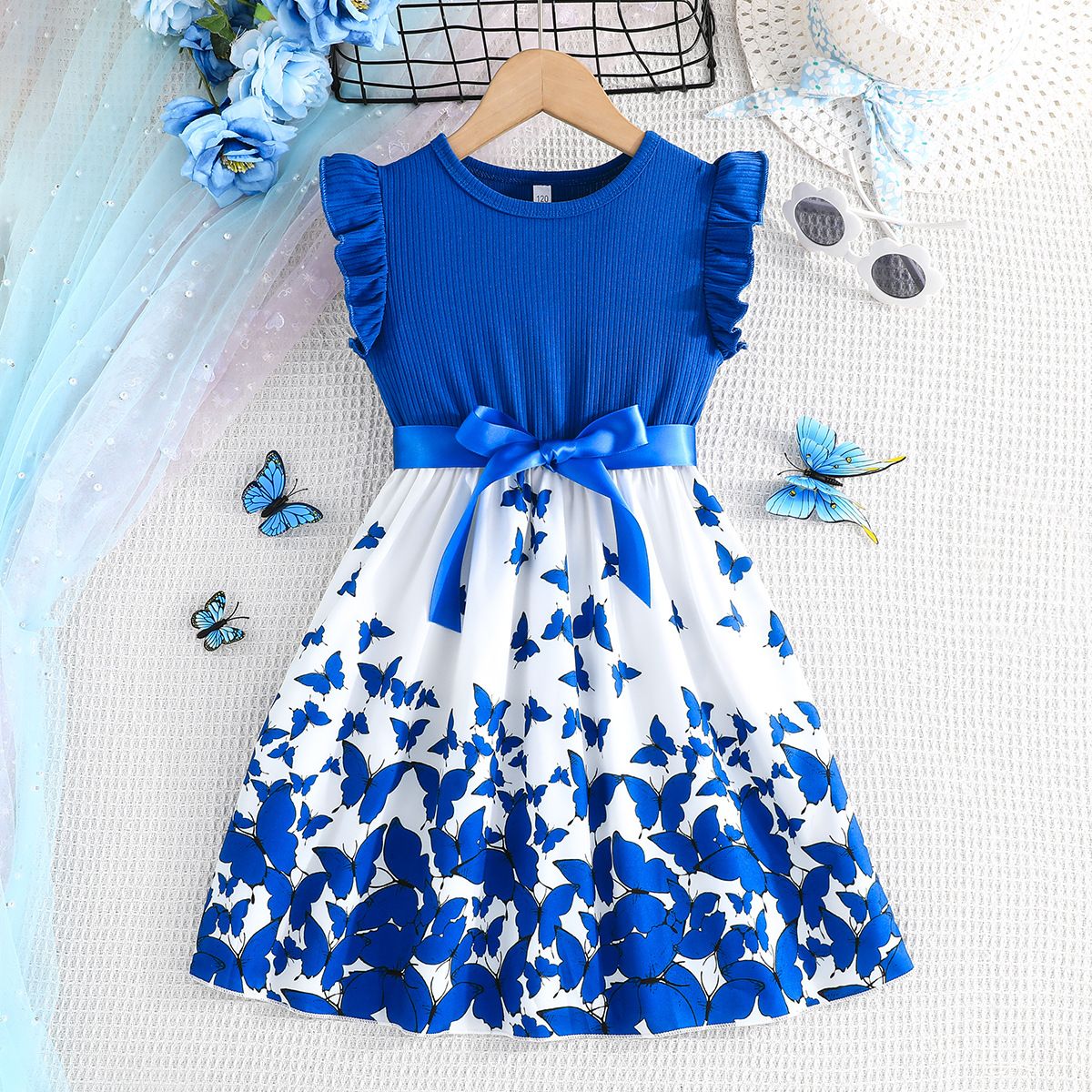 Girl'S Clothing Set Dress Ruffled Sleeve Patchwork Tulle Style Princess Dress Butterfly Print Bowknot Fashion Design New Style Comfortable And Breathable Holiday Gift Party Attendance Activity