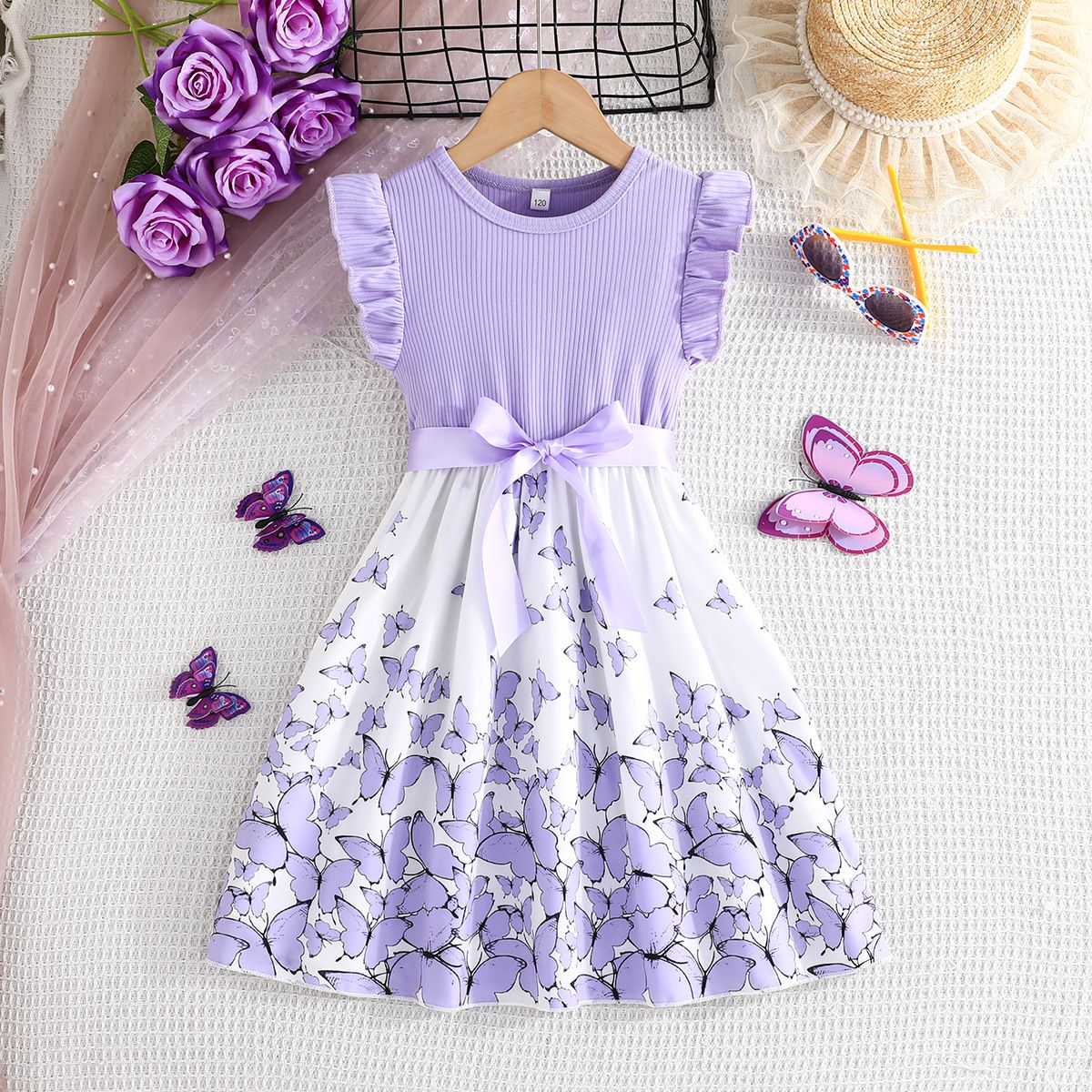 Girl'S Clothing Set Dress Ruffled Sleeve Patchwork Tulle Style Princess Dress Butterfly Print Bowknot Fashion Design New Style Comfortable And Breathable Holiday Gift Party Attendance Activity